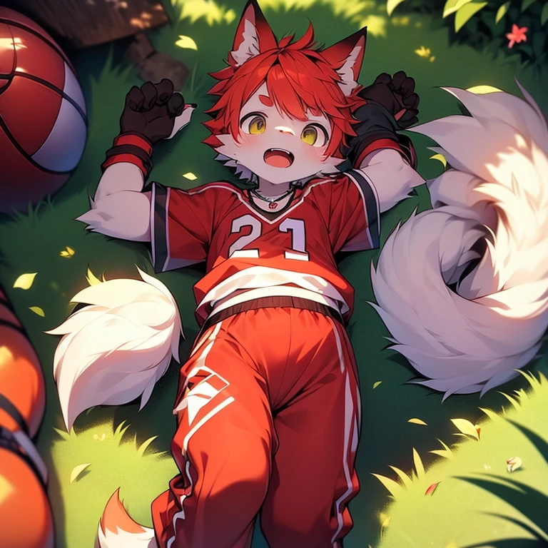 youth,Shota,Red Hair ,male, Lying down, Masterpiece, high resolution,8K,Detailed background,high quality, Boys,looking at the audience,Viewing angle,From the front,shorter pants,male焦点,Wolf's facial features,character boy,Wearing a necklace,Basketball costumes,In the grass,Sweating,Open your mouth,Expression of enjoyment,