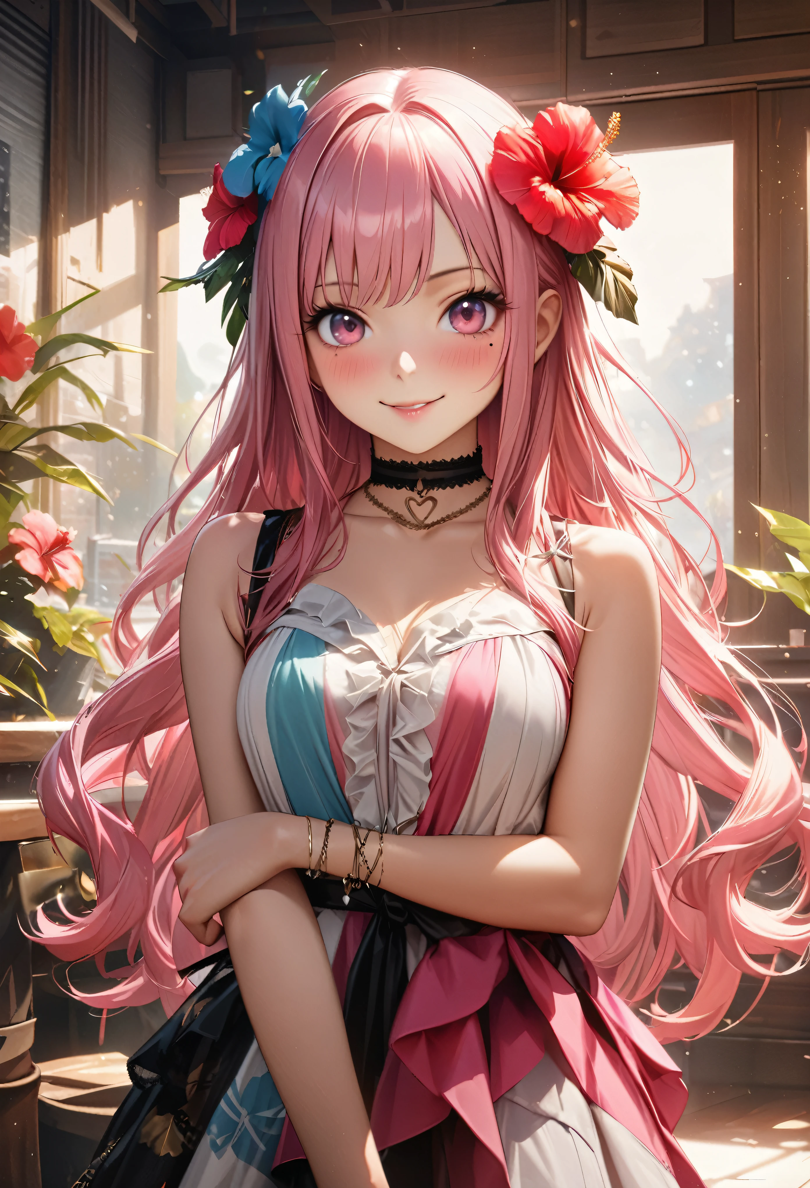 masterpiece, highest quality, Very detailed, High resolution, Expensive resolution, High resolution, 4K, 8k, unity 8k wallpaper, Very detailed CG, masterpiece, Realistic、 Beautiful details, depth, Fine texture, highest quality: 1.3, Total concentration, Crisp skin, he, Very cute anime, Cute like an idol, expensive pink long hair, One Girl, Aloha One Piece, morning, morning食, Hibiscus Hair Accessories, Smiling long pink hair, whole body, Mole under eye, Line Sight, expensive, blush, Lips parted, heart, Pink Eyes, choker