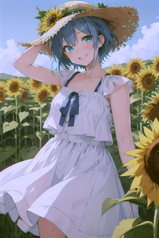 Animegirl, blue hair, short hair, blue eyes, smiling, countryside girl, looking at the viewers, she was in the sunflower fields, white dress,white hat