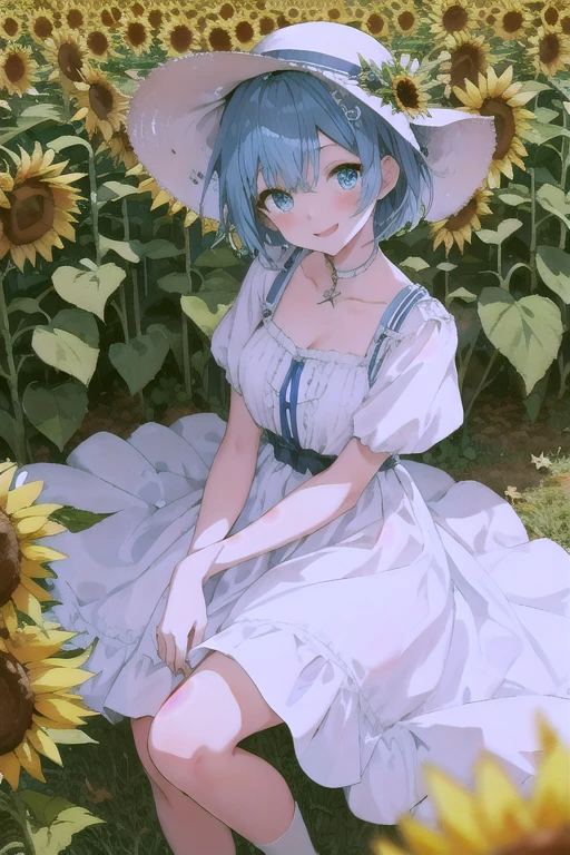 Animegirl, blue hair, short hair, blue eyes, smiling, countryside girl, looking at the viewers, she was in the sunflower fields, white dress,white hat