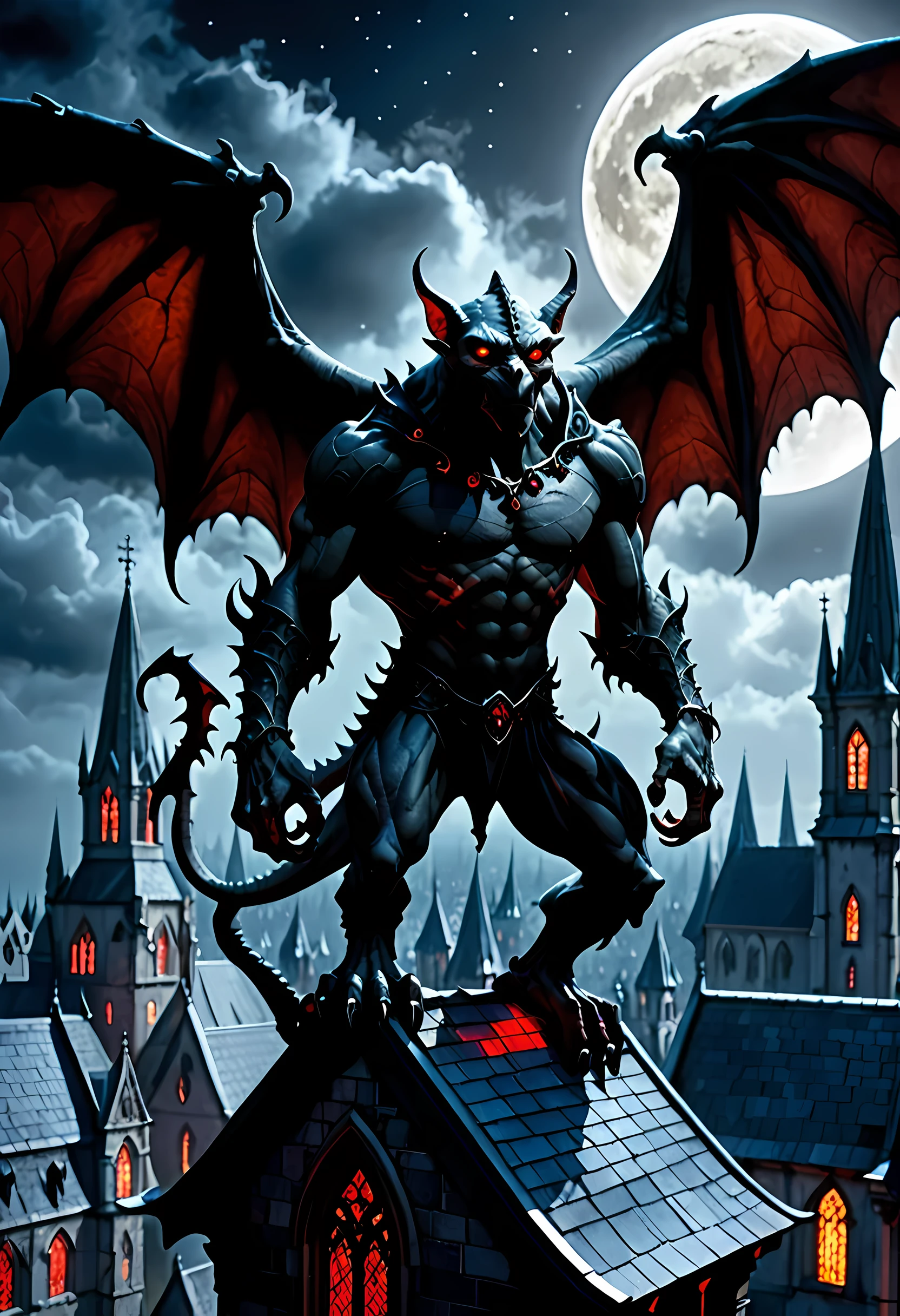 fantasy art, d&d art, goth art, a picture of a gargoyle standing at night over the roof top of a goth church, the gargoyle skin is black, it has glowing red eyes, massive muscular body, it is ready to attack, ladyshadow