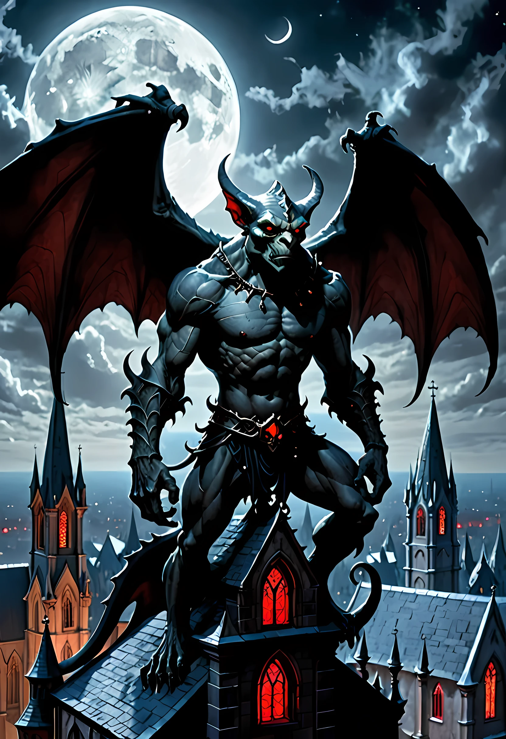 fantasy art, d&d art, goth art, a picture of a gargoyle standing at night over the roof top of a goth church, the gargoyle skin is black, it has glowing red eyes, massive muscular body, it is ready to attack, ladyshadow