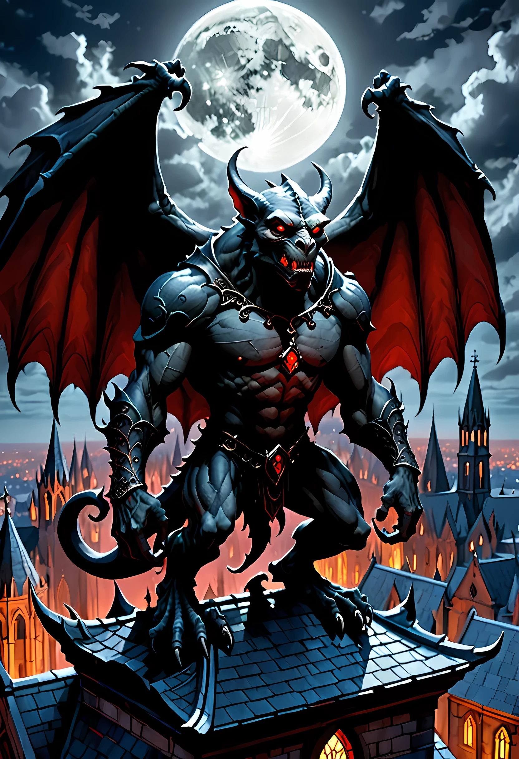 fantasy art, d&d art, goth art, a picture of a gargoyle standing at night over the roof top of a goth church, the gargoyle skin is black, it has glowing red eyes, massive muscular body, it is ready to attack, ladyshadow