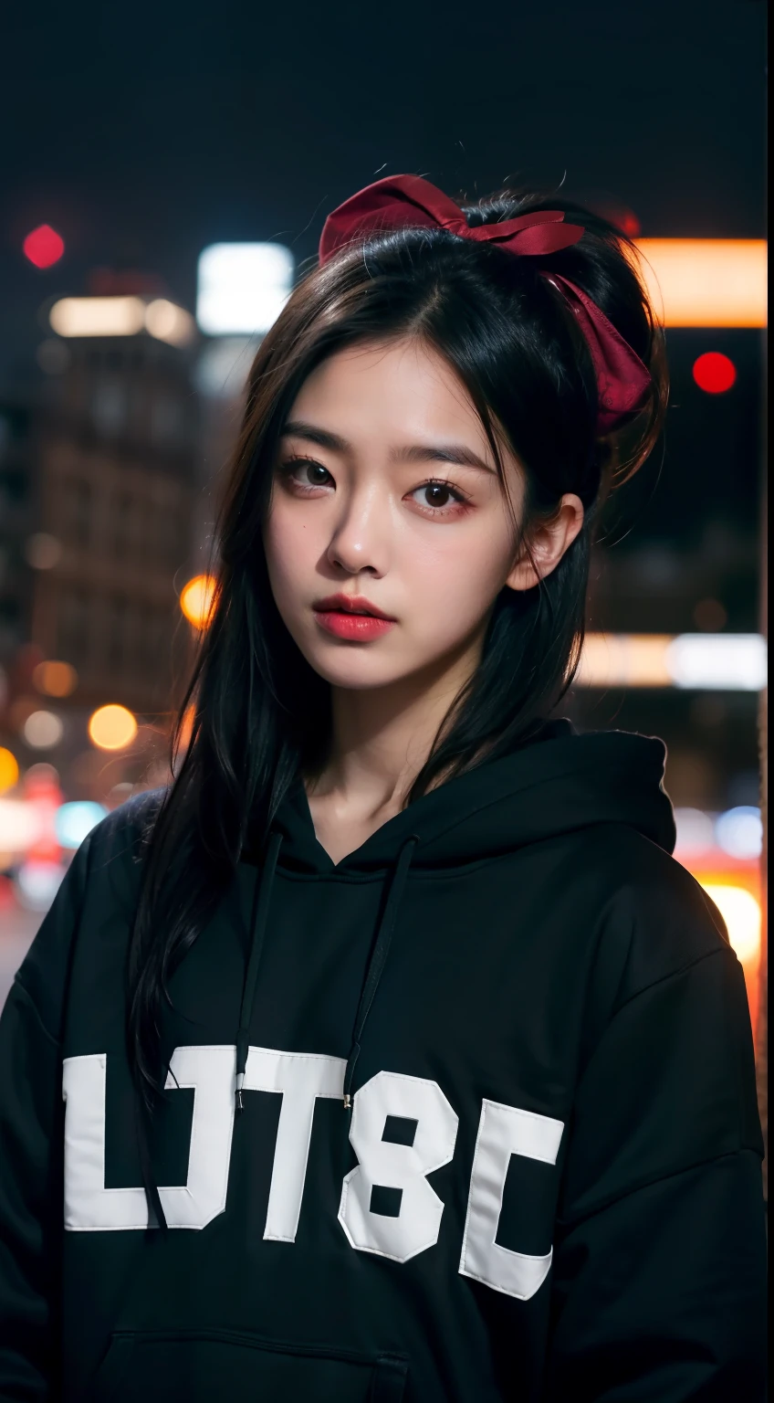 masterpiece, ultra-detailed, 1boy, girl focus, medium breast, front body shoot, Hashirama wearing maroon Streetwear Hoodie, long black hair, white headband, look at viewer, Serious face, vibrant colors, cityscape background, dinamic lighting, highly detailed face, stylish, urban style, cool attitude, bokeh, blurry background, body front camera