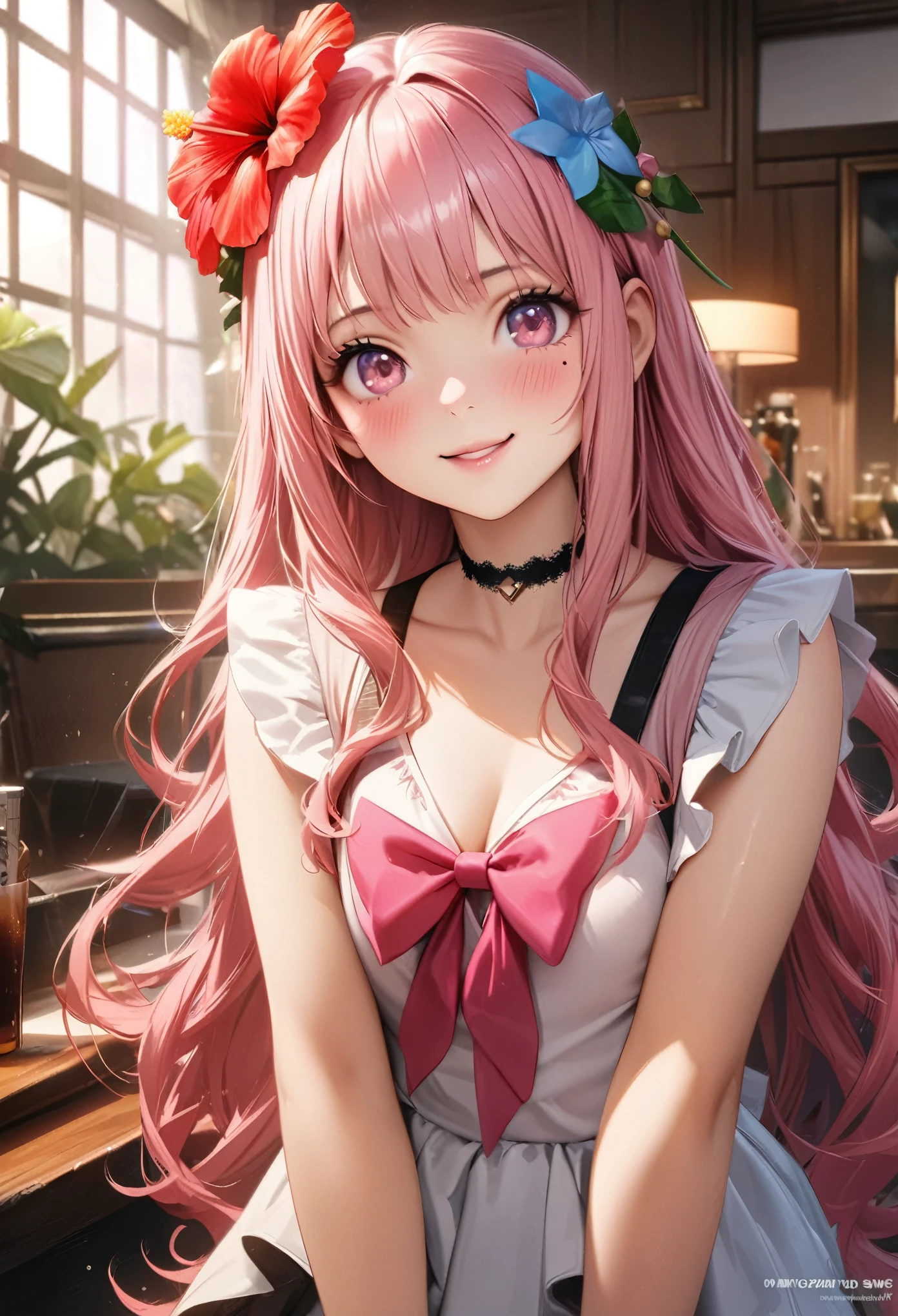masterpiece, highest quality, Very detailed, High resolution, Expensive resolution, High resolution, 4K, 8k, unity 8k wallpaper, Very detailed CG, masterpiece, Realistic、 Beautiful details, depth, Fine texture, highest quality: 1.3, Total concentration, Crisp skin, he, Very cute anime, Cute like an idol, expensive pink long hair, One Girl, Aloha One Piece, morning, morning食, Hibiscus Hair Accessories, Smiling long pink hair, whole body, Mole under eye, Line Sight, expensive, blush, Lips parted, heart, Pink Eyes, choker