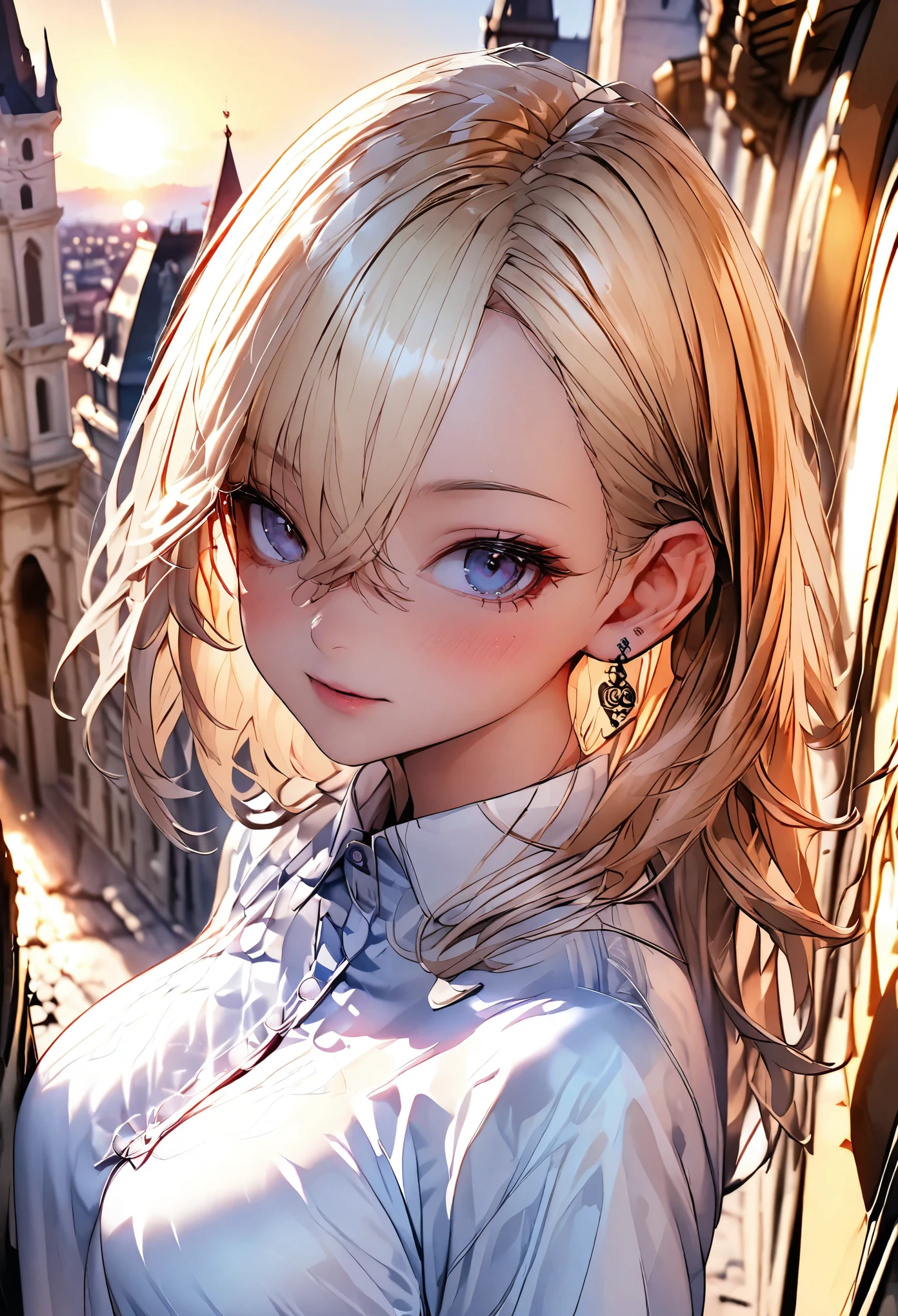 8k、masterpiece、highest quality、Highest Level、Best image quality、Drawing a person using line art、Pieces fly、Intricate details、High resolution、Depth Field、Natural light、Professional Lighting、A European tourist city that has flourished since ancient times、The city turns red in the sunset、Sunset sky、(One girl)、soro、Italian girl posing for the camera、(cute:1.2)、(Skin with attention to detail: 1.2)、Photorealistic Anime Girl Rendering、Realistic anime 3D style、Beautiful light blonde hair、Strong blue eyes、Strong eye highlights、big breasts、Perfect Anatomy、Crossed bangs、Asymmetrical bangs、Put out your ears、eyelash、(Casual Fashion、short boots)、Realistic Cars、((Italian tourist destinations、The city turns red in the sunset、A historic streetscape、Luxury hotel with marble entrance、Cafe Terrace、Tall church tower、Detailed old castle、Sunset sky、Watching the sunset and the city))、