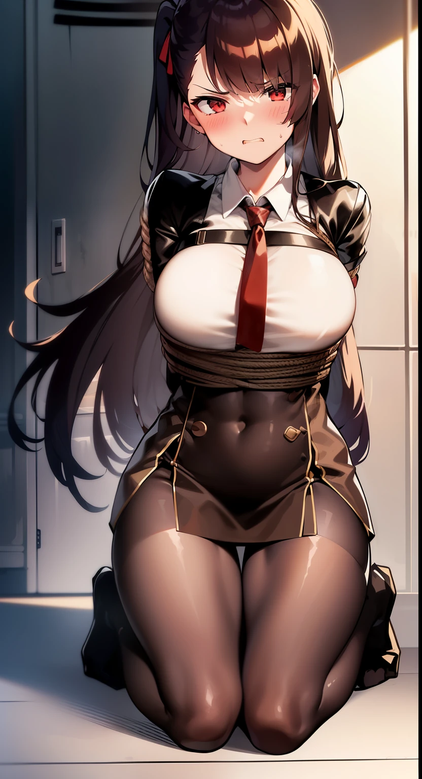 ((Shibari)), Wrapped in a rope, ((((Bondage)))), ((Rope Bondage)), Exquisite details and textures, ((Rope is wrapped around the body many times)))), (brown rope), 1 girl and 1 man, man behind girl, WA2K,neck tie,Shirt,pantyhose,Jacket,gloves,One side up,Hair Ribbon, WA2K, WA2000, girls' frontline, Red Eye, (((((hands tied behind))))), (((((arms behind back))))), (((((large full breasts))))), masutepiece, Best Quality, 1girl in, Long hair, Solo, blush, Full body, (((White shirt))), red neck tie, Close one eye, ((Seiza)), Sitting on the floor, Clenching teeth, (angry), scowl, Sweat, Gradient Hair, (blush), Ultra Detail, Shy, full of sweat, Ultra Detail, Thighs together, Crouching on the floor, Concrete floors, Concrete walls, underground roomで, underground room, brown Rope, (From below)