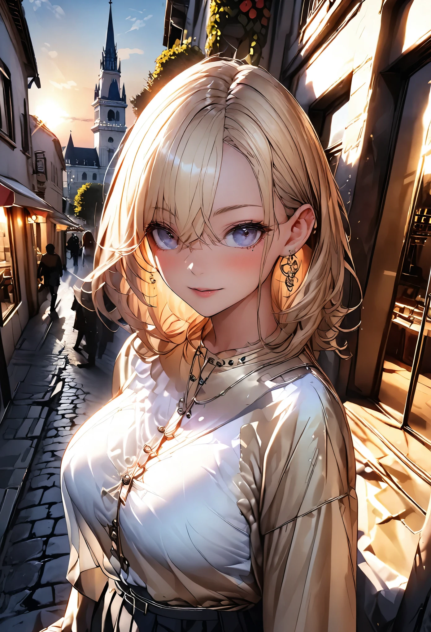 8k、masterpiece、highest quality、Highest Level、Best image quality、Drawing a person using line art、Pieces fly、Intricate details、High resolution、Depth Field、Natural light、Professional Lighting、A European tourist city that has flourished since ancient times、The city turns red in the sunset、Sunset sky、(One girl)、soro、Italian girl posing for the camera、(cute:1.2)、(Skin with attention to detail: 1.2)、Photorealistic Anime Girl Rendering、Realistic anime 3D style、Beautiful light blonde hair、Strong blue eyes、Strong eye highlights、big breasts、Perfect Anatomy、Crossed bangs、Asymmetrical bangs、Put out your ears、eyelash、(Casual Fashion、short boots)、Realistic Cars、((Italian tourist destinations、The city turns red in the sunset、A historic streetscape、Luxury hotel with marble entrance、Cafe Terrace、Tall church tower、Detailed old castle、Sunset sky、Watching the sunset and the city))、