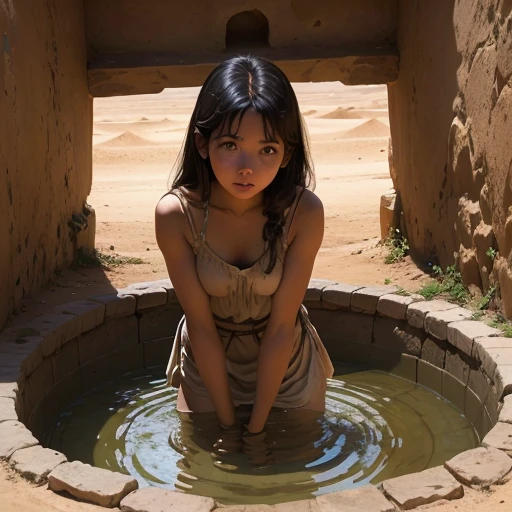 A very deep stone well in the desert in Jesus&#39; time, Hand dug into the ground. Far away, Deep places that require a bucket to reach、Beautiful woman looking into a well