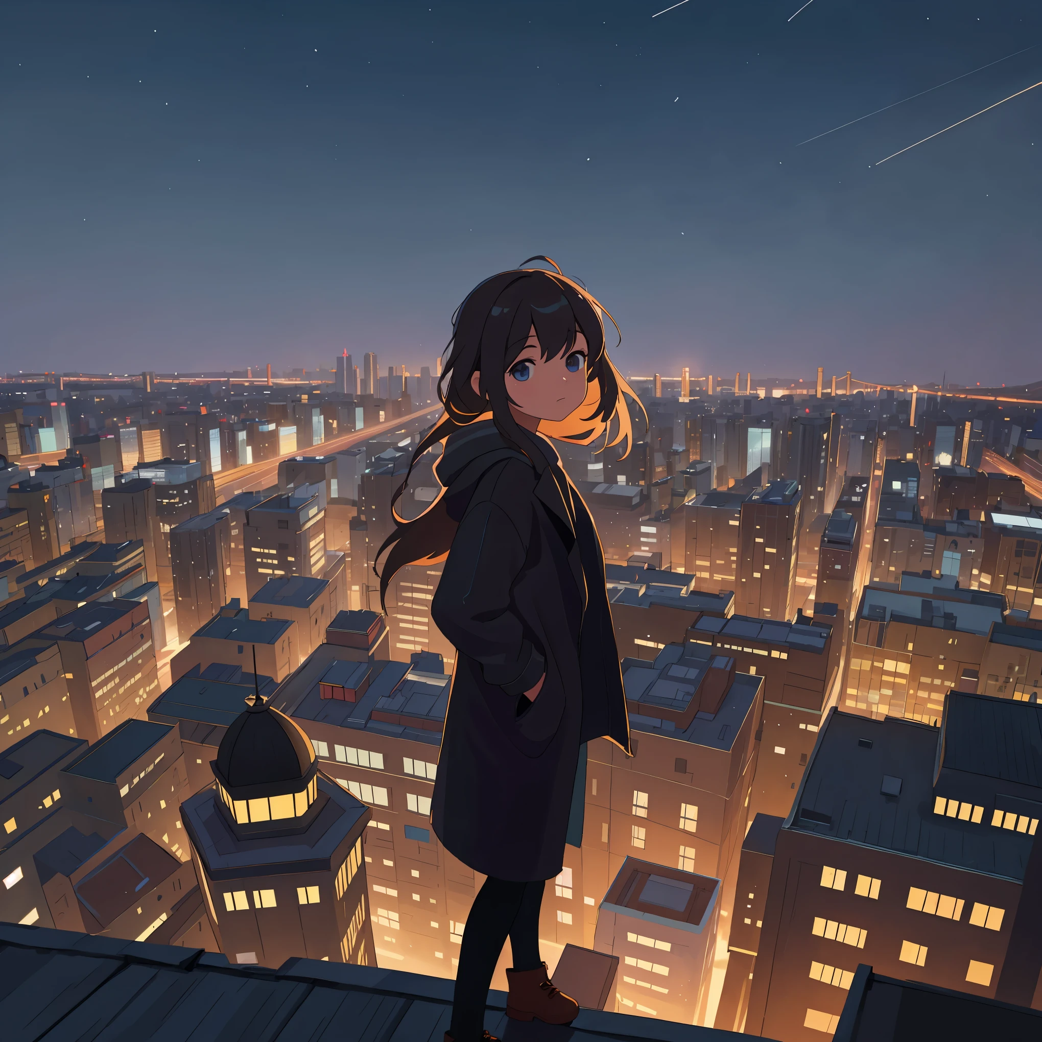 A person standing on a rooftop overlooking the city skyline at night, with twinkling lights and a sense of loneliness and contemplation, distant background slightly blurred, rich details, photography effect, ultra-detailed, highres, masterpiece:1.2, ultra-fine painting, realistic:1.37, HDR, studio lighting, sharp focus, vivid colors, bokeh, portraits