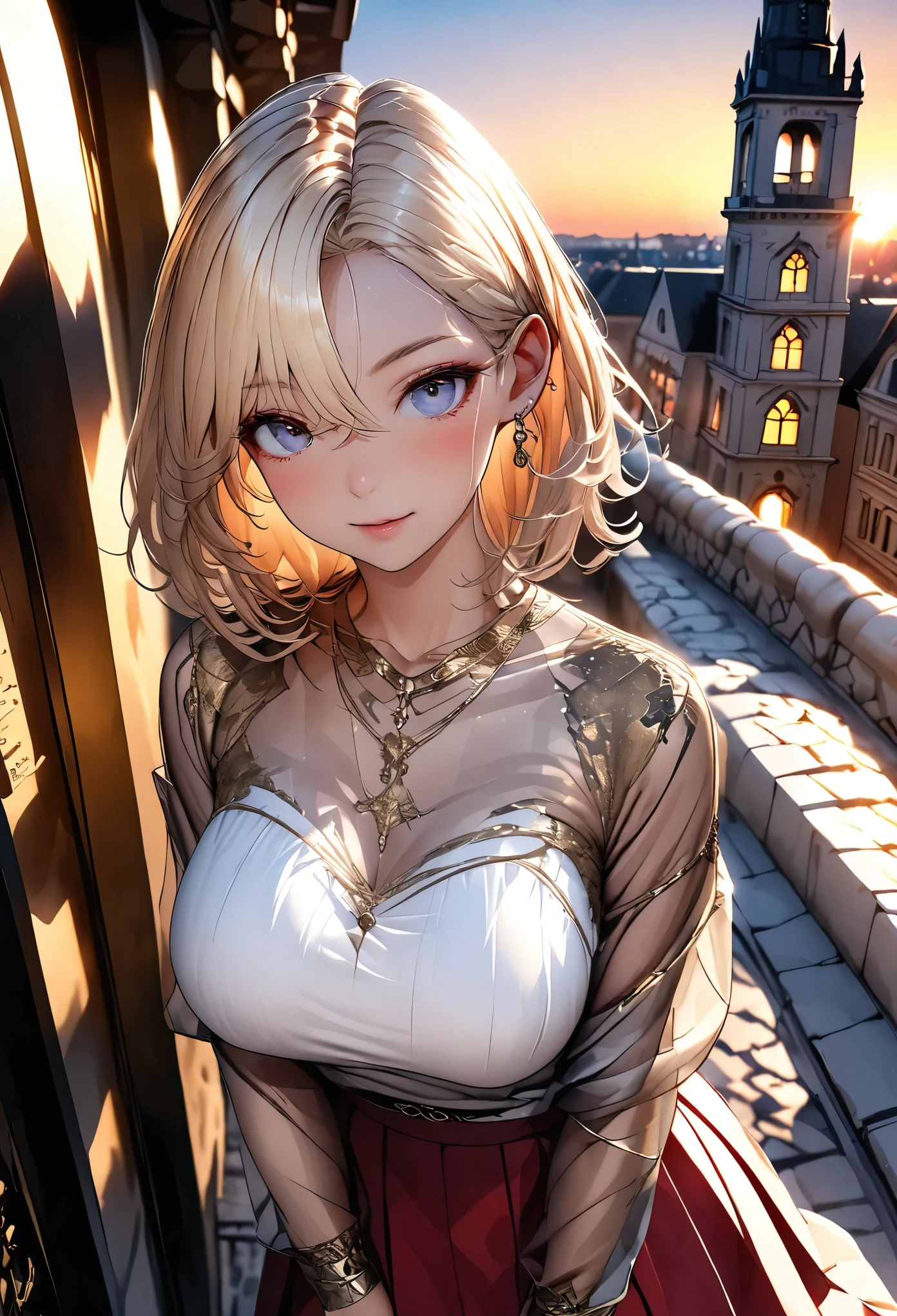 8k、masterpiece、highest quality、Highest Level、Best image quality、Drawing a person using line art、Pieces fly、Intricate details、High resolution、Depth Field、Natural light、Professional Lighting、A European tourist city that has flourished since ancient times、The city turns red in the sunset、Sunset sky、(One girl)、soro、Italian girl posing for the camera、(cute:1.2)、(Skin with attention to detail: 1.2)、Photorealistic Anime Girl Rendering、Realistic anime 3D style、Beautiful light blonde hair、Strong blue eyes、Strong eye highlights、big breasts、Perfect Anatomy、Crossed bangs、Asymmetrical bangs、Put out your ears、eyelash、(Casual Fashion、short boots)、Realistic Cars、((Italian tourist destinations、The city turns red in the sunset、A historic streetscape、Luxury hotel with marble entrance、Cafe Terrace、Tall church tower、Detailed old castle、Sunset sky、Watching the sunset and the city))、
