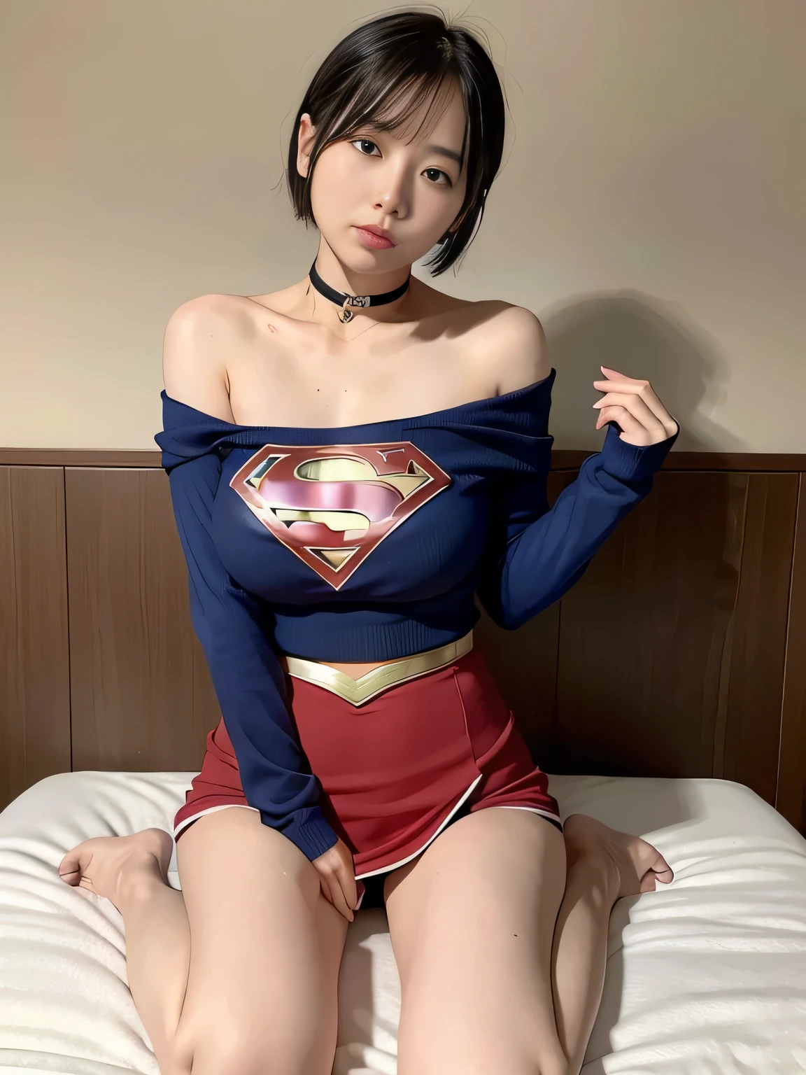 highest quality、masterpiece、Short-haired Supergirl sleeping on the operating table、Big and ample breasts、Looking at the camera、choker、Long sleeve、barefoot、Magazine Cover、Biting、Red mini skirt、Tight outfit、Confused、Wide-open legs、Humiliating、A sneak peek、Alluring、Off the shoulder、Model Body Type、Oily Skin、charm、Enchanting、abused、test subject、Human experimentation、victim、Wild、