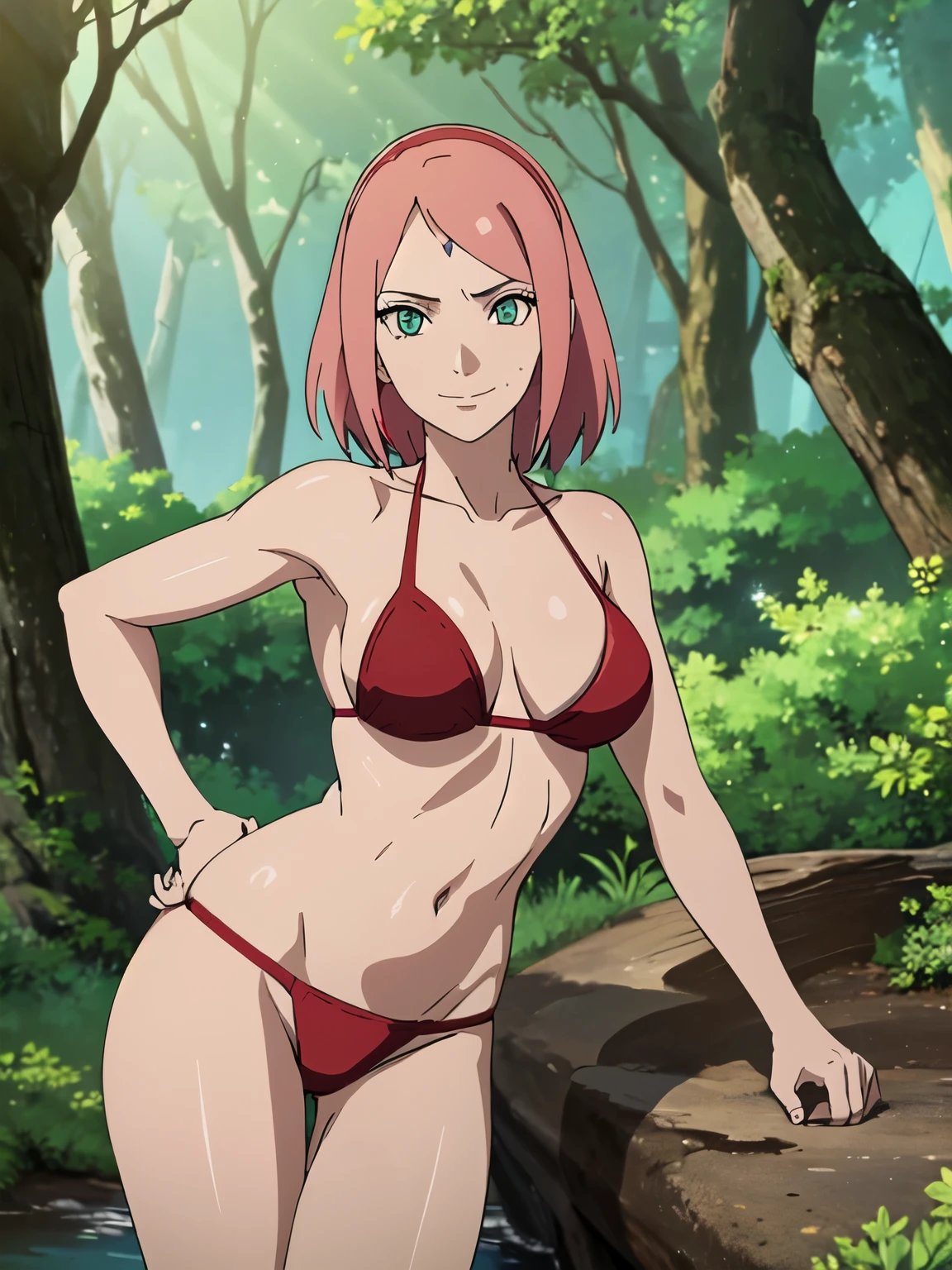 anime style, solo, 1 woman, warm, from right, close view, (leaning on tree, sweating body, closed fists), super ultra details, bold drawing lines, very high resolution, perfect ???????, ultra detailed face, high vibrance, (blue light), ((cold colors)), 1girl, haruno sakura, (slim body, warm skin, thin belly , off-shoulders, biceps, slim arms, leaning forward, forehead mark, smile, hand leaning), ((red string bikini, red hair band)), looking at viewer, (forest), floating hair, big smile, cowboy shot, (reddish hair, detailed hair, missy hair, short hair), spring time, attractive colors
