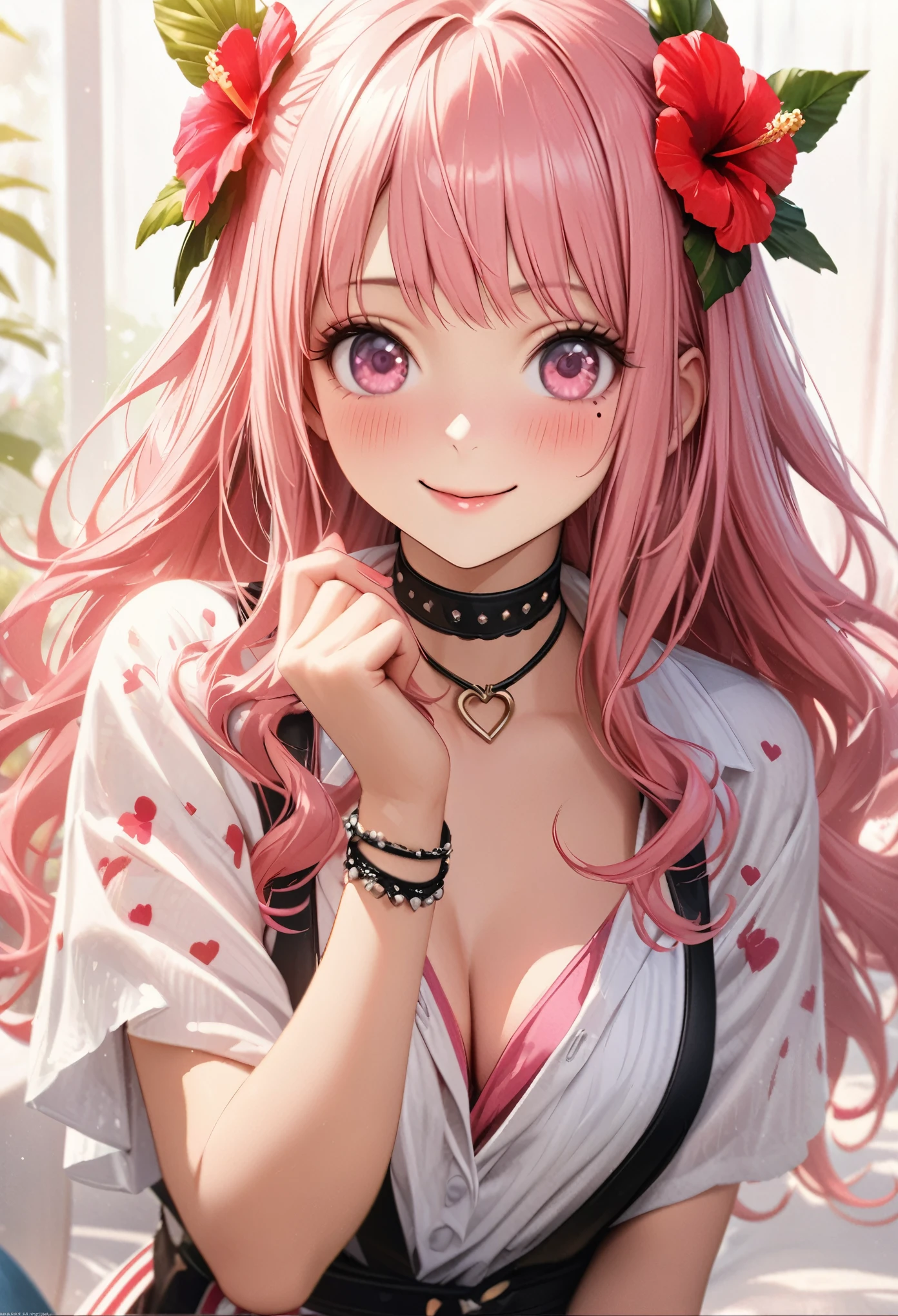 masterpiece, highest quality, Very detailed, High resolution, Expensive resolution, High resolution, 4K, 8k, unity 8k wallpaper, Very detailed CG, masterpiece, Realistic、 Beautiful details, depth, Fine texture, highest quality: 1.3, Total concentration, Crisp skin, he, Very cute anime, Cute like an idol, expensive pink long hair, One Girl, Aloha One Piece, morning, morning食, Hibiscus Hair Accessories, Smiling long pink hair, whole body, Mole under eye, Line Sight, expensive, blush, Lips parted, heart, Pink Eyes, choker