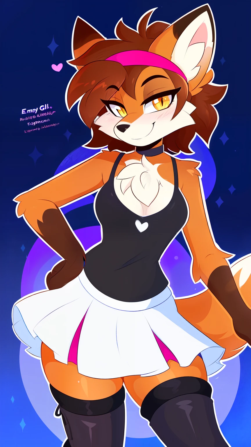 by Kilinah, by Coffeesoda, by Hioshiru, by Kilinah, Beautiful and detailed portrait of a female anthro fox (((female)), Zenematic lighting, (((confident, seductive))), BL, fox, Thighighs, large chest, full body, beautiful, messy hair, short hair, suggestive pose, standing, brown hair, 1girl, solo, red headband, yellow eyes, lustful face, solo, 1girl, gothic costume, black tank top, white skirt, ripped stockings, boots, suggestion, lust, smug smile, character bragging, reference sheet