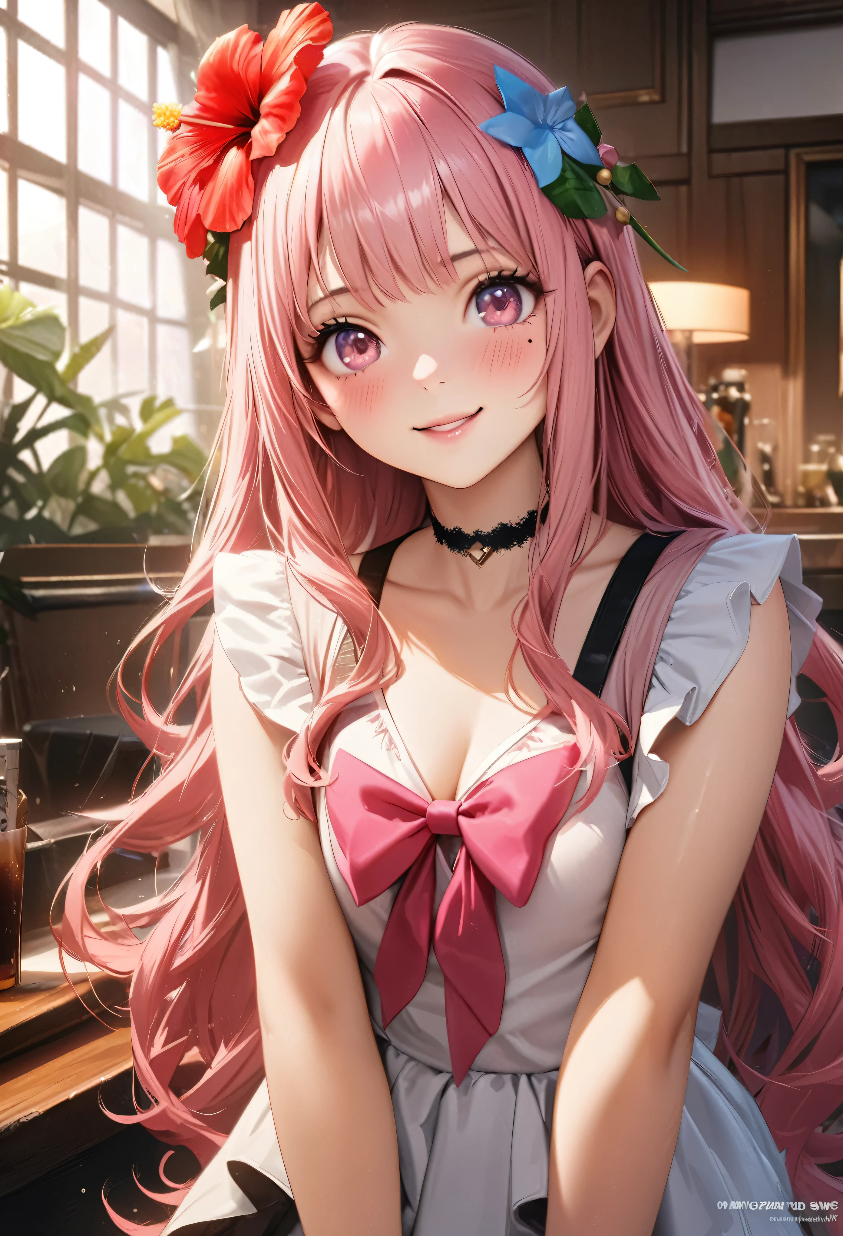 masterpiece, highest quality, Very detailed, High resolution, Expensive resolution, High resolution, 4K, 8k, unity 8k wallpaper, Very detailed CG, masterpiece, Realistic、 Beautiful details, depth, Fine texture, highest quality: 1.3, Total concentration, Crisp skin, he, Very cute anime, Cute like an idol, expensive pink long hair, One Girl, Aloha One Piece, morning, Breakfast, Hibiscus Hair Accessories, Smiling long pink hair, whole body, Mole under eye, Line Sight, expensive, blush, Lips parted, heart, Pink Eyes, choker