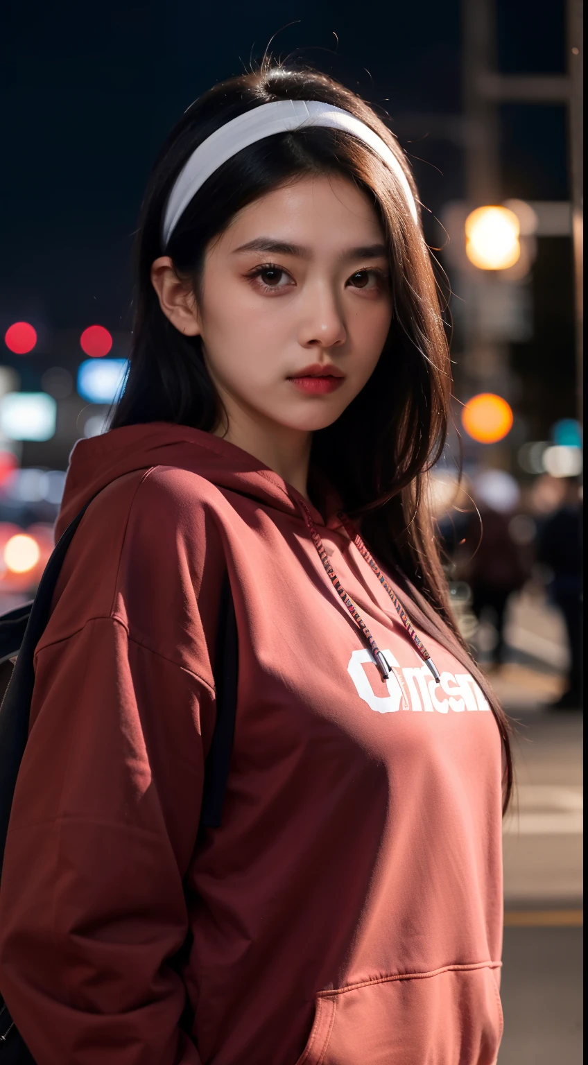 masterpiece, ultra-detailed, 1boy, girl focus, big breast, front body shoot, Hashirama wearing maroon Streetwear Hoodie, long black hair, white headband, look at viewer, Serious face, vibrant colors, cityscape background, dinamic lighting, highly detailed face, stylish, urban style, cool attitude, bokeh, blurry background, body front camera