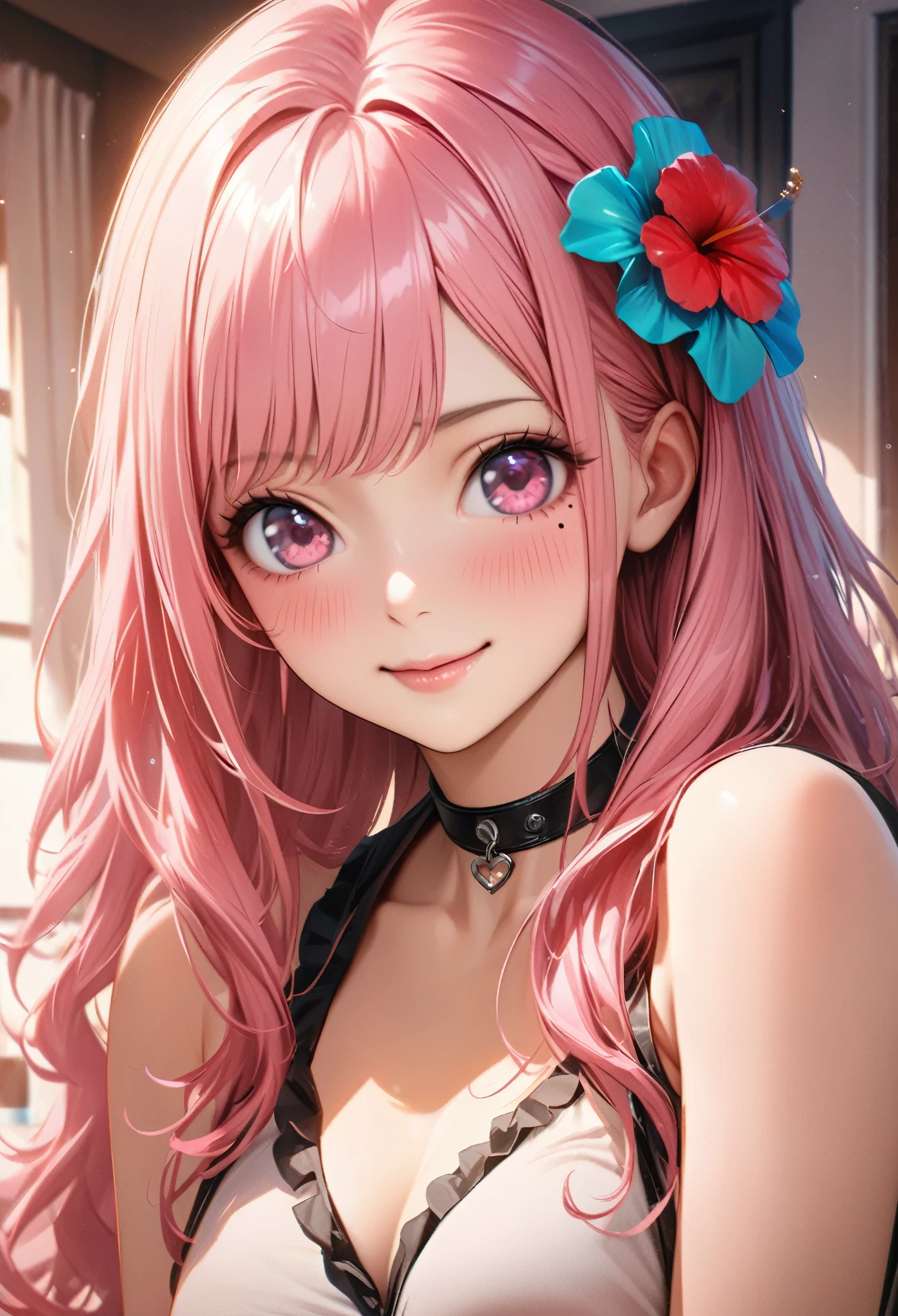 masterpiece, highest quality, Very detailed, High resolution, Expensive resolution, High resolution, 4K, 8k, unity 8k wallpaper, Very detailed CG, masterpiece, Realistic、 Beautiful details, depth, Fine texture, highest quality: 1.3, Total concentration, Crisp skin, he, Very cute anime, Cute like an idol, expensive pink long hair, One Girl, Aloha One Piece, morning, morning食, Hibiscus Hair Accessories, Smiling long pink hair, whole body, Mole under eye, Line Sight, expensive, blush, Lips parted, heart, Pink Eyes, choker