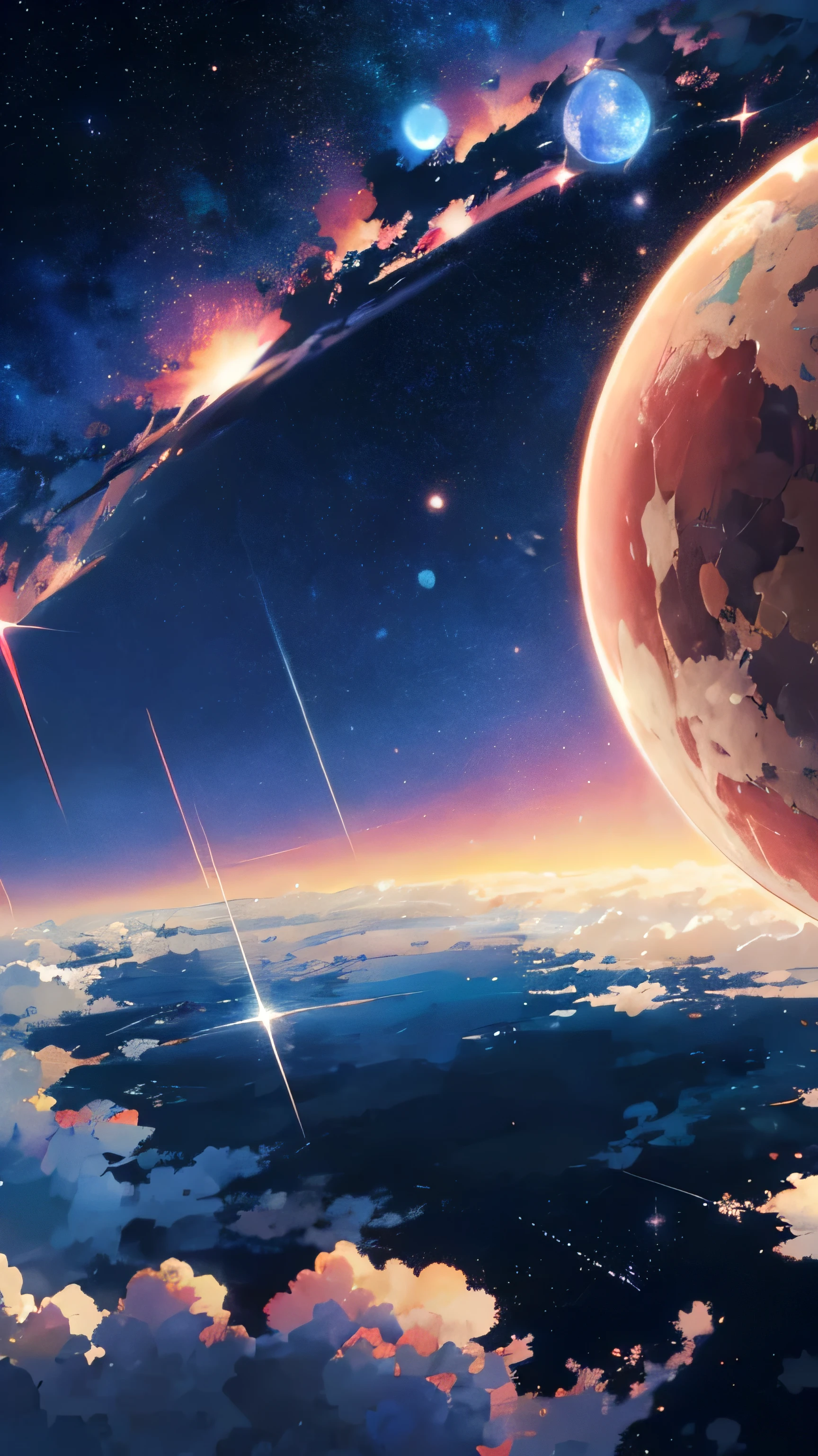 anime - style scene of a beautiful sky with a star and a planet, cosmic skies. by makoto shinkai, anime art wallpaper 4k, anime art wallpaper 4 k, anime art wallpaper 8 k, anime wallpaper 4k, anime wallpaper 4 k, 4k anime wallpaper, anime sky, amazing wallpaper, anime background, heaven planet in background, anime background art