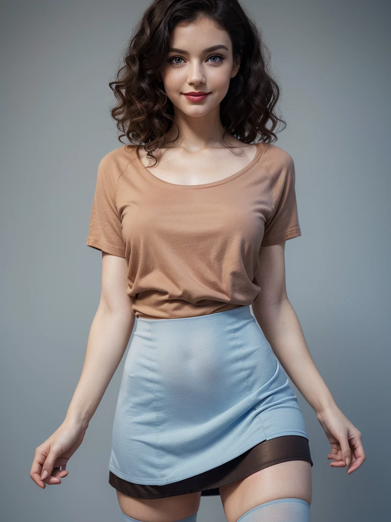 warm smile (masterpiece), (best quality), (realistic), (red lips), realistic girl, adult, pale skin, blue eyes, curly black hair, eye brown, brown eyes, nose, ear, mouth, lips, neck, shoulders, medium chest, (random color shirt, plain t-shirt, short black skirt, tight tights), waist, thick legs, thick thighs, (light blue background)