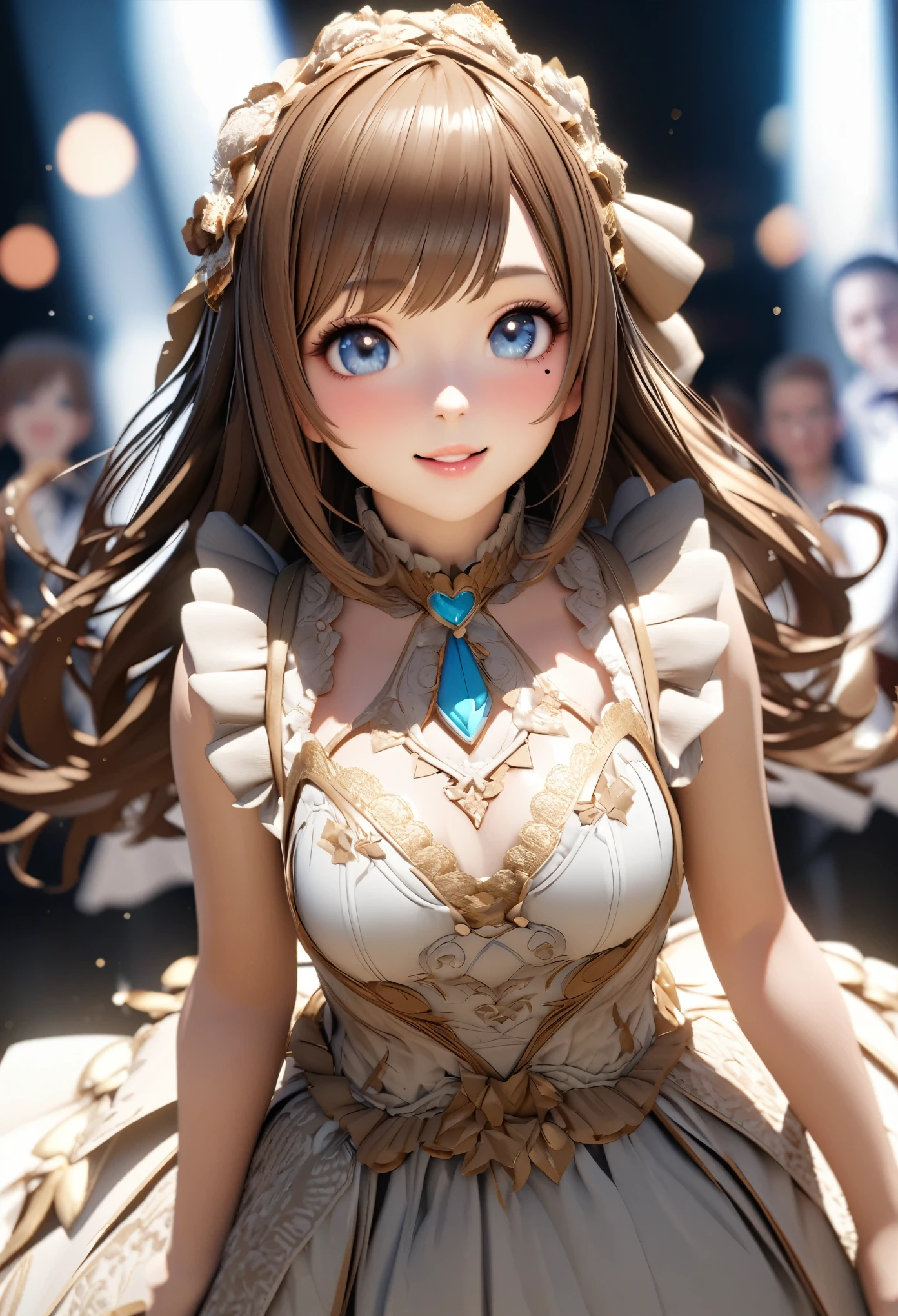 One Girl、Looking at the audience、
Beautiful Blue Eyes、Brown long hair、Mole under the eye、Plump and glossy lips、Heart-shaped choca、Idol、smile、ー、。.。.。.。.。.。.。.。.。.。.。.。.。.。.。.。.。.。.3D、Realistic、
Princess dress with too many frills、Drape clothes、gem、The decoration has been removed、Floral、Lace trim、bright stage、
masterpiece、highest quality、8k、Detailed skin texture、Detailed cloth texture、Beautifully detailed face、Intricate details、Very detailed、
超A high resolution、8K Ultra HD、Film Grain、Best Shadow、delicate、Gazing at the audience、front
