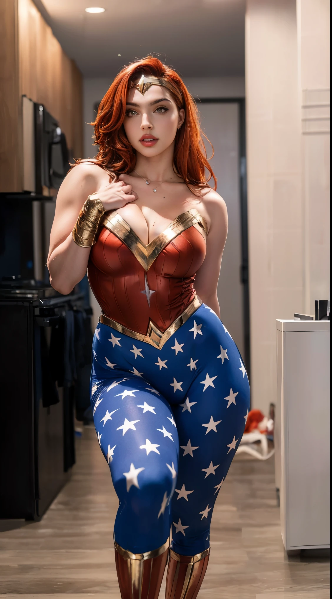 (best quality,4k,8k,highres,masterpiece:1.2),ultra-detailed,(realistic,photorealistic,photo-realistic:1.37),,superhero,harem girl,, Red hair Wonder Woman