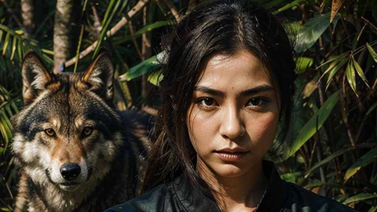 Oil painting background female samurai and with wolf in the wild jungle.wide angel