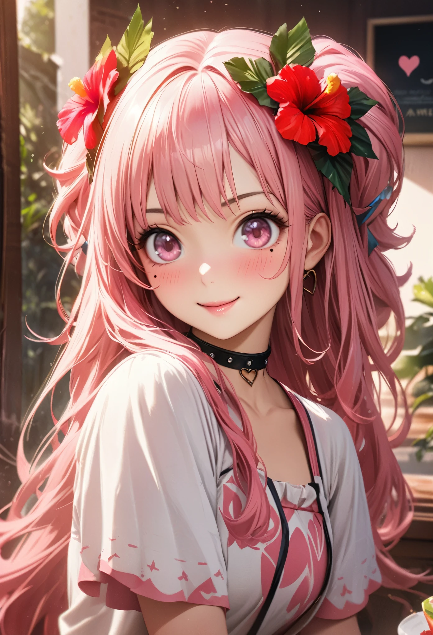 masterpiece, highest quality, Very detailed, High resolution, Expensive resolution, High resolution, 4K, 8k, unity 8k wallpaper, Very detailed CG, masterpiece, Realistic、 Beautiful details, depth, Fine texture, highest quality: 1.3, Total concentration, Crisp skin, he, Very cute anime, Cute like an idol, expensive pink long hair, One Girl, Aloha One Piece, morning, morning食, Hibiscus Hair Accessories, Smiling long pink hair, whole body, Mole under eye, Line Sight, expensive, blush, Lips parted, heart, Pink Eyes, choker