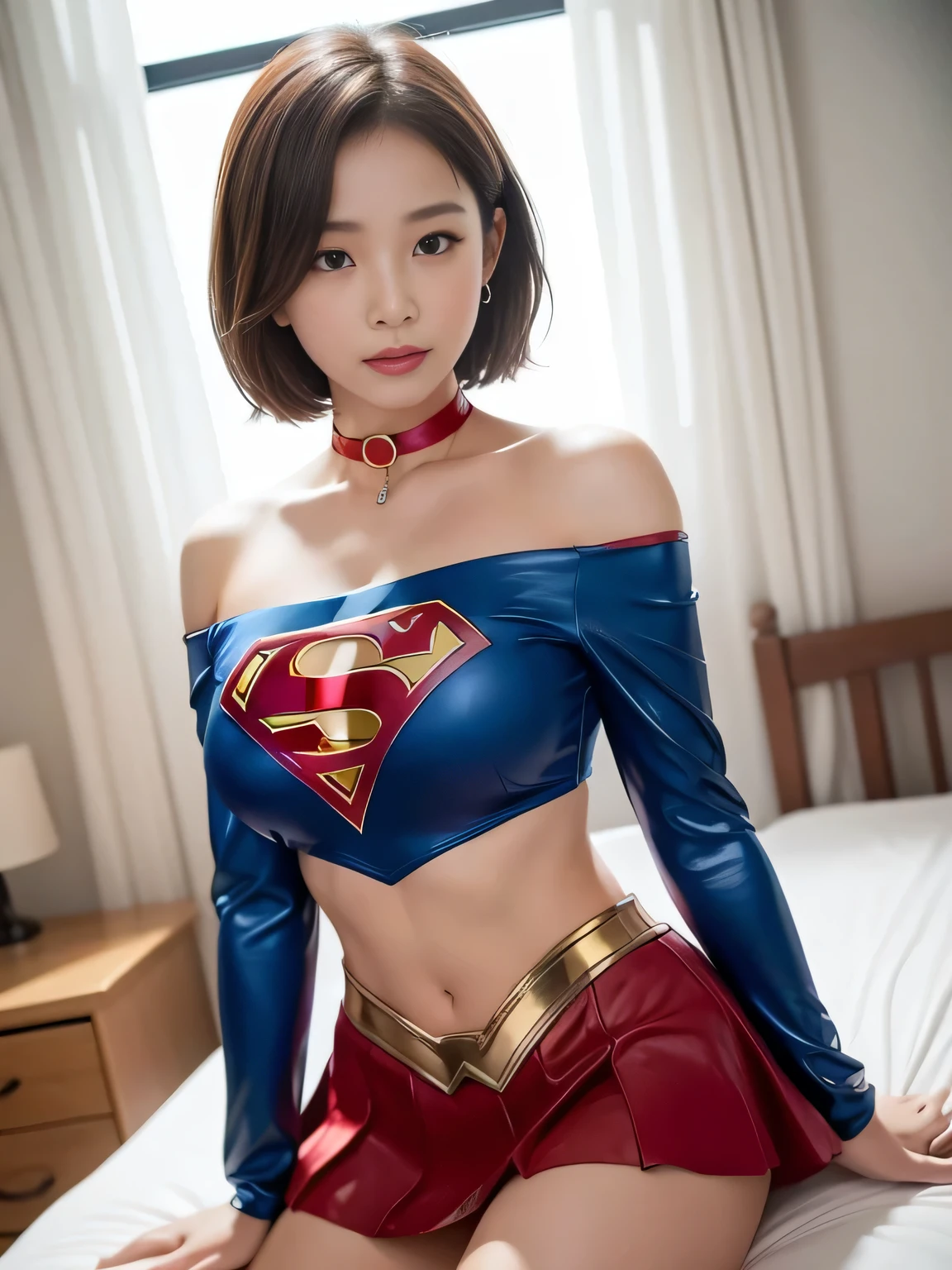 masterpiece、Supergirl Costume、short hair、barefoot、Big and ample breasts、Research Room、operating table、oil massage、Oily Skin、Shiny、Look at the camera、Sexy poses to seduce、Model Body Type、choker、Long sleeve、Red mini skirt、Cowgirl、Estrus、Sweaty、Radical、Off the shoulder、Alluring、charm、Enchanting、Fascinating、abused、Wild、