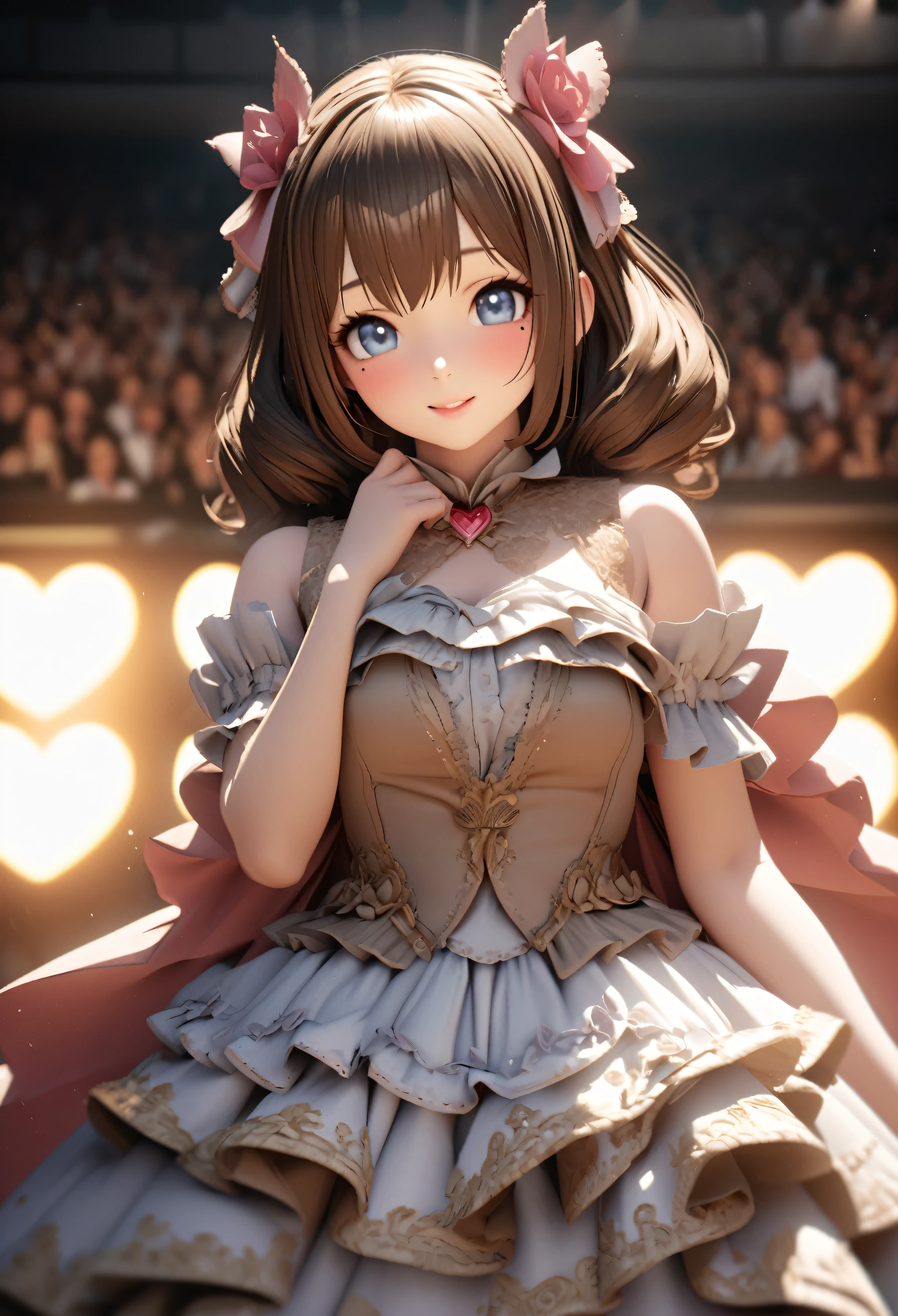 One Girl、Looking at the audience、
Beautiful Blue Eyes、Brown long hair、Mole under the eye、Plump and glossy lips、Heart-shaped choca、Idol、smile、ー、。.。.。.。.。.。.。.。.。.。.。.。.。.。.。.。.。.。.3D、Realistic、
Princess dress with too many frills、Drape clothes、gem、The decoration has been removed、Floral、Lace trim、bright stage、
masterpiece、highest quality、8k、Detailed skin texture、Detailed cloth texture、Beautifully detailed face、Intricate details、Very detailed、
超A high resolution、8K Ultra HD、Film Grain、Best Shadow、delicate、Gazing at the audience、front