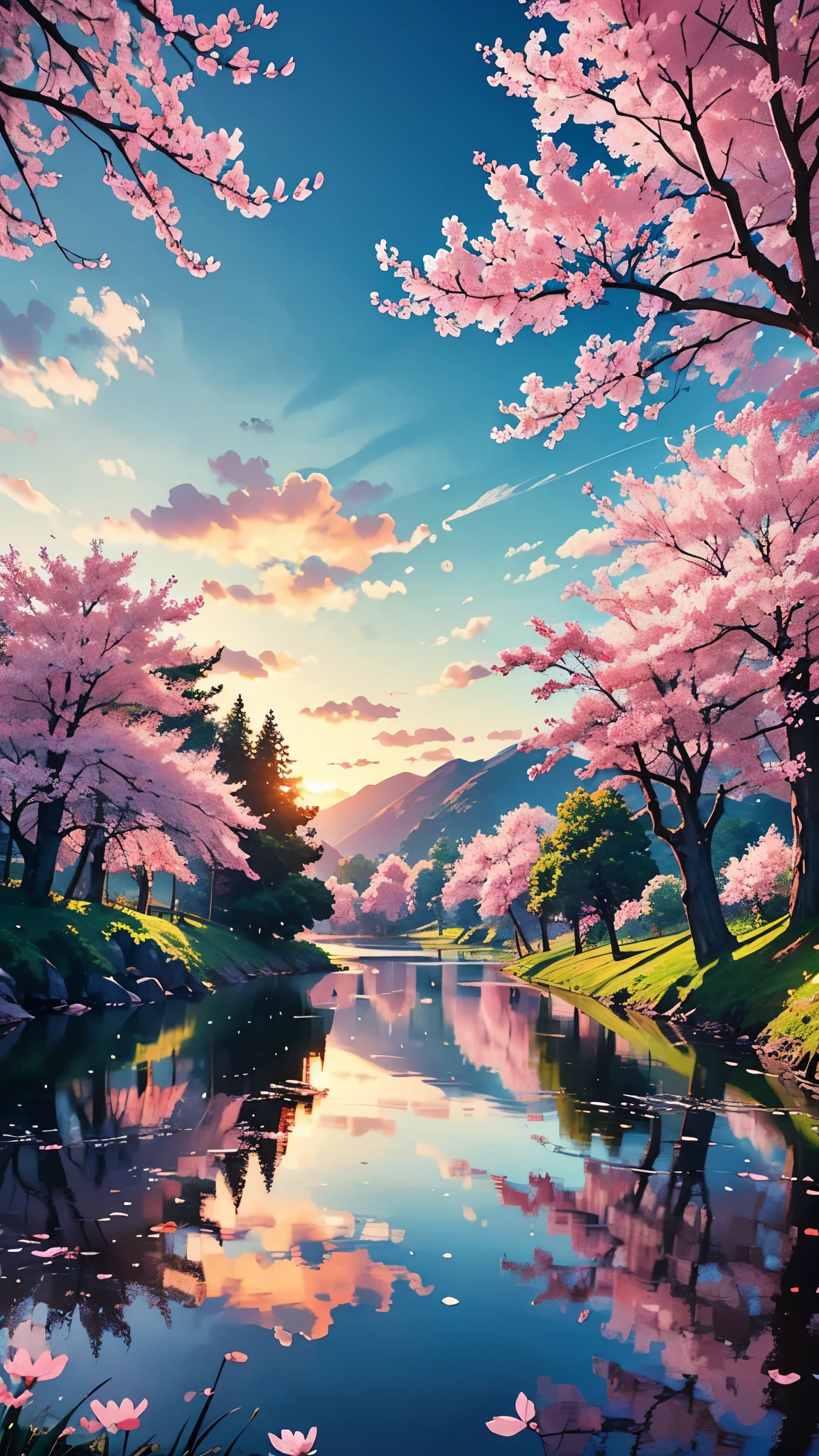 Generate an anime-style wallpaper featuring a serene mountain landscape at sunset, with vibrant hues of orange and pink reflecting off a calm lake, surrounded by lush greenery and cherry blossom trees in full bloom.