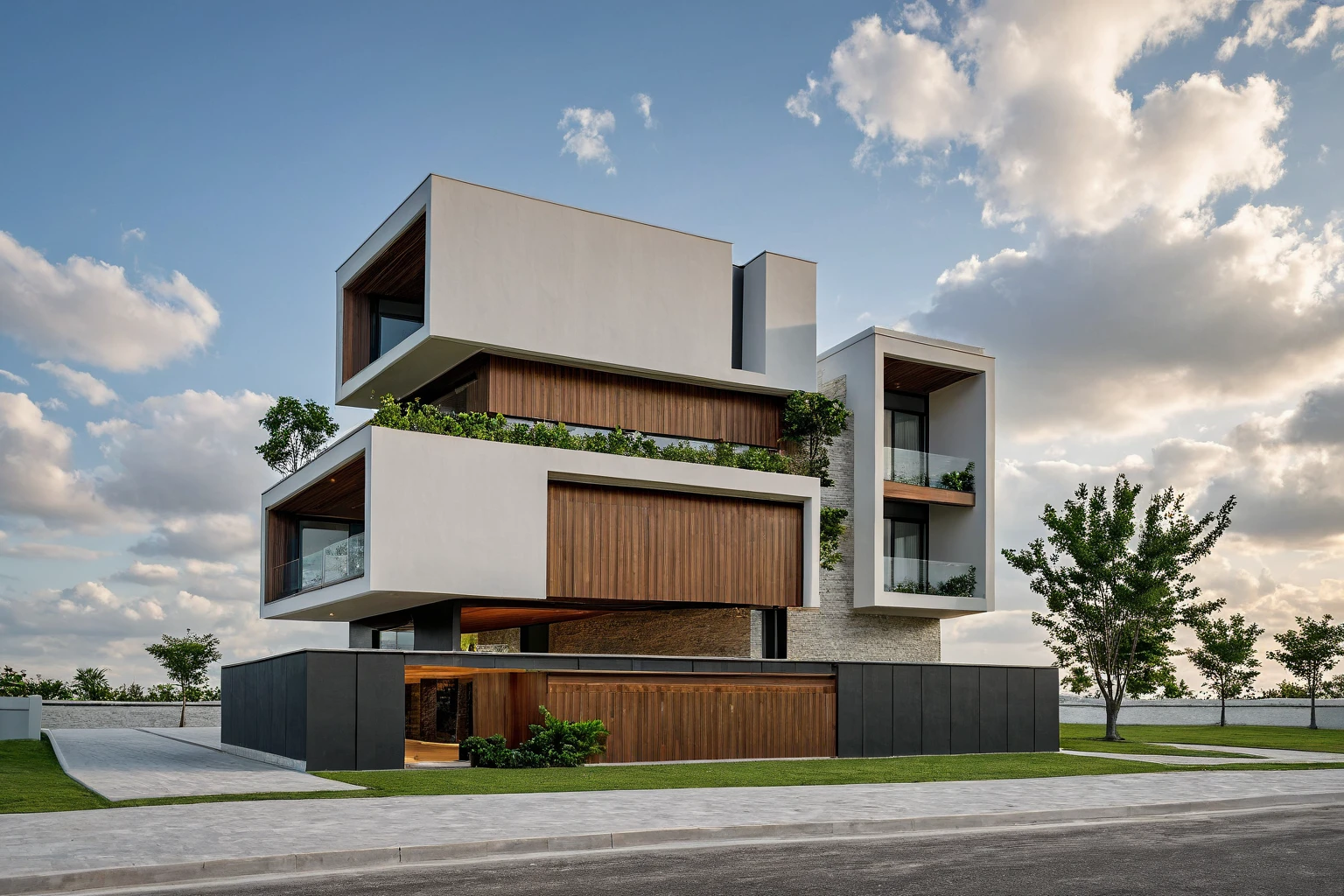 Masterpiece, high quality, best quality, authentic, super detail, outdoors, onestoreyvillaXL, aiaigroup, house style modern on the street ,stairs, white wall ,road,pavement, grass, trees, sky, cloud, (daylight:1.1)
