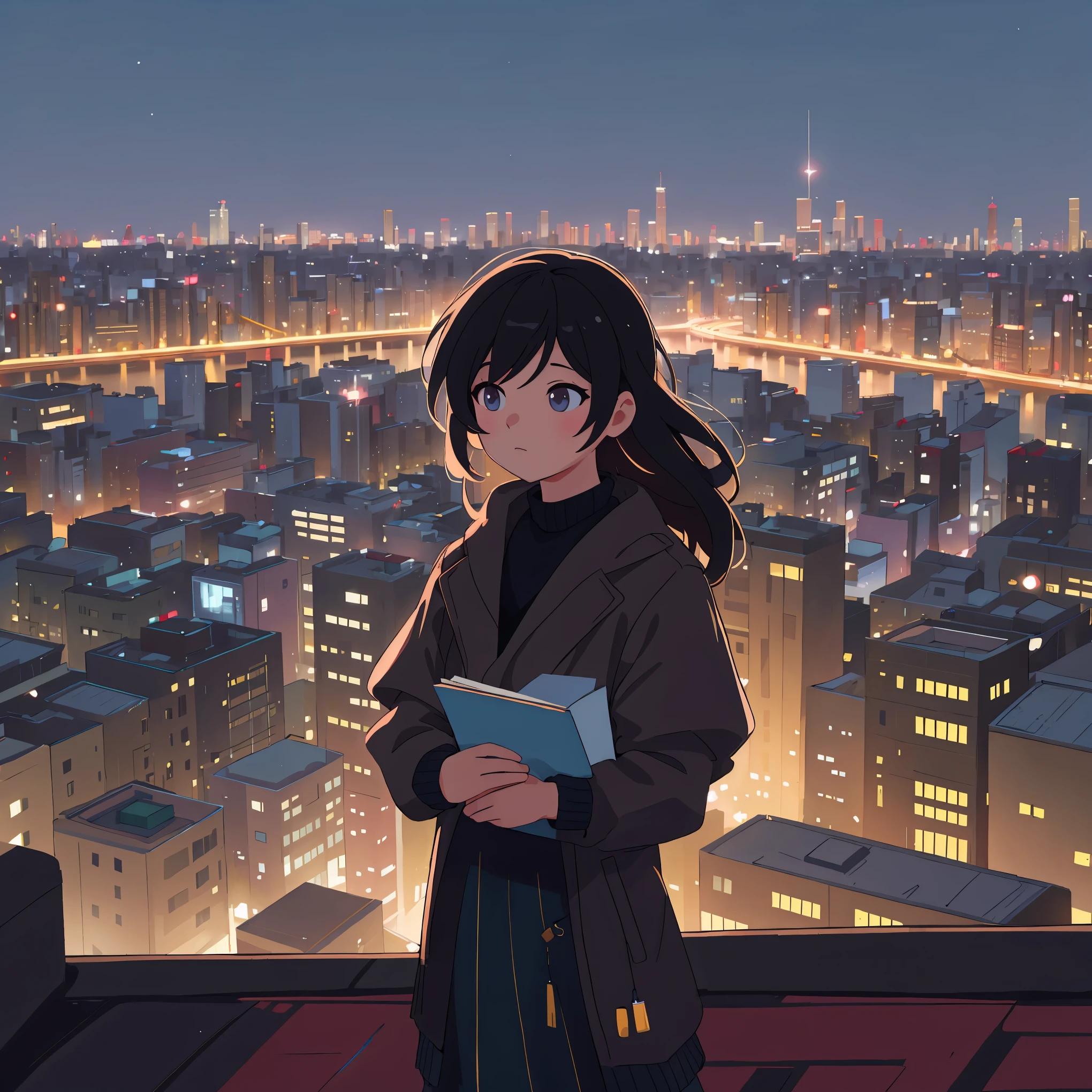 A person standing on a rooftop overlooking the city skyline at night, with twinkling lights and a sense of loneliness and contemplation, distant background slightly blurred, rich details, photography effect, ultra-detailed, highres, masterpiece:1.2, ultra-fine painting, realistic:1.37, HDR, studio lighting, sharp focus, vivid colors, bokeh, portraits