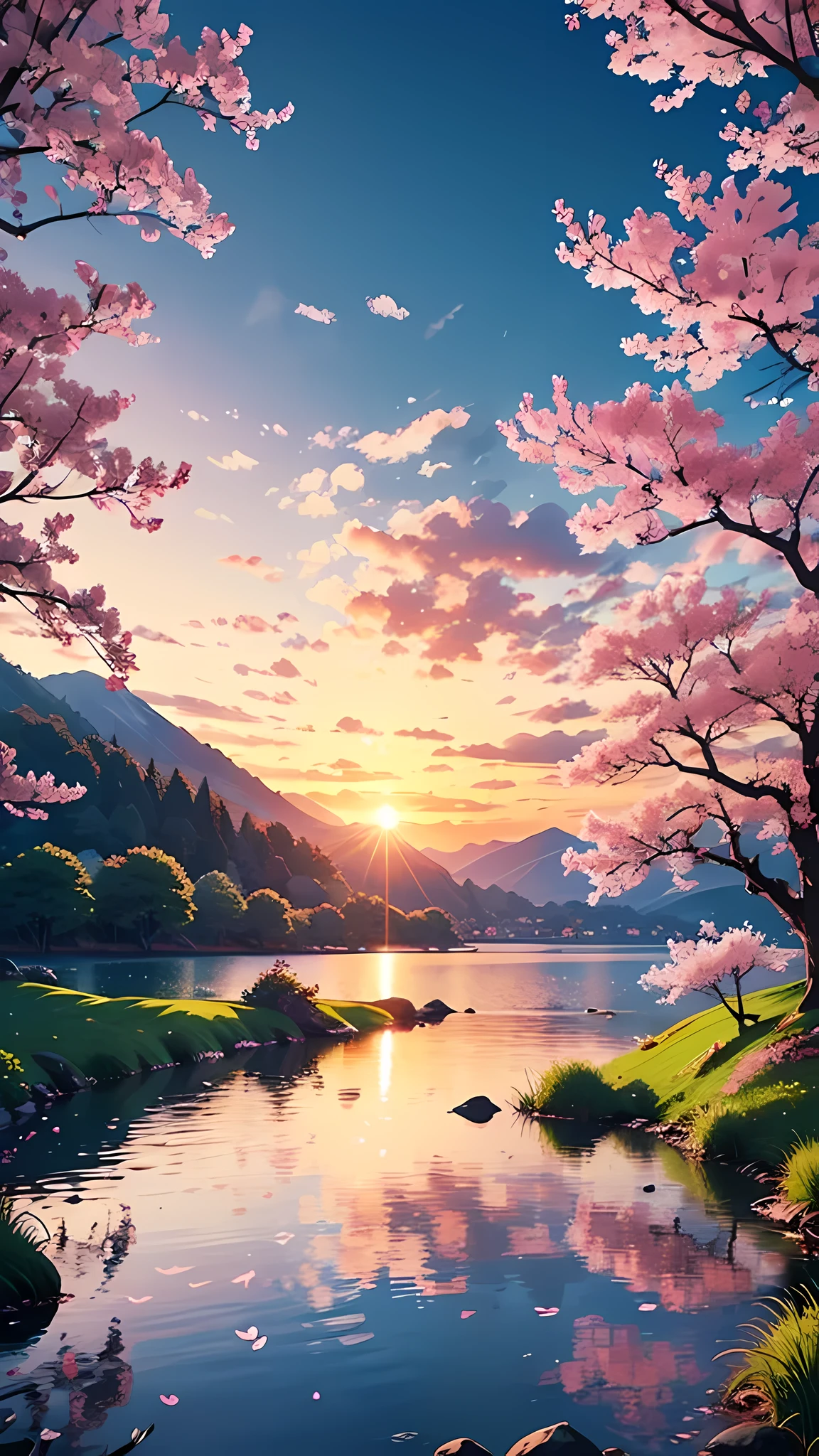 Generate an anime-style wallpaper featuring a serene mountain landscape at sunset, with vibrant hues of orange and pink reflecting off a calm lake, surrounded by lush greenery and cherry blossom trees in full bloom.