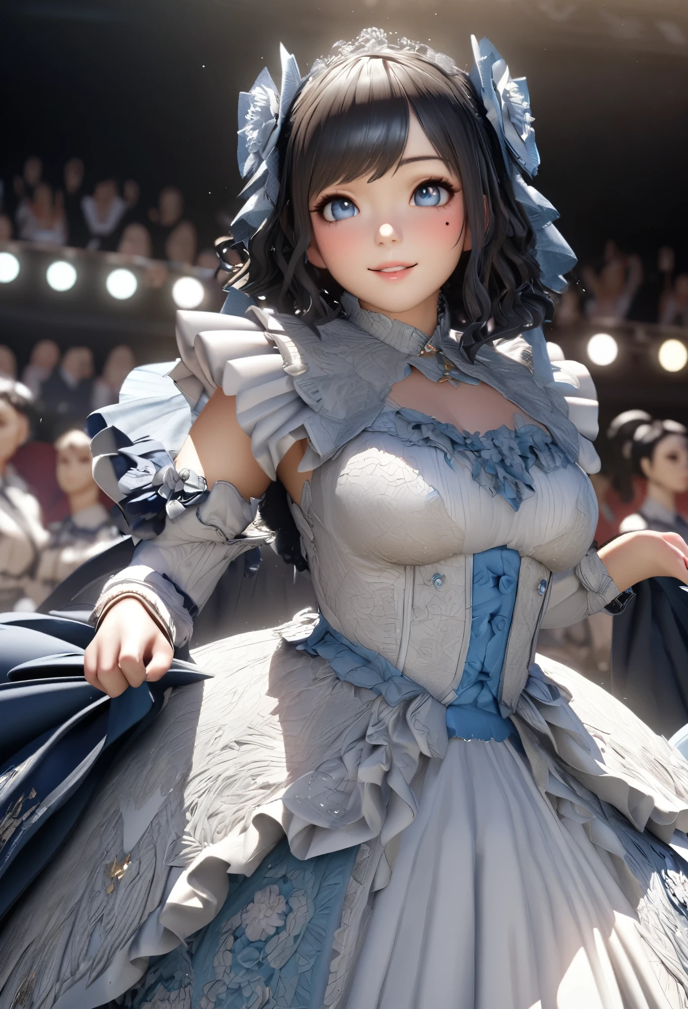 One Girl、Looking at the audience、
Beautiful Blue Eyes、Long black hair、Mole under the eye、Plump and glossy lips、Heart-shaped choca、Idol、smile、ー、。.。.。.。.。.。.。.。.。.。.。.。.。.。.。.。.。.。.3D、Realistic、
Princess dress with too many frills、Drape clothes、gem、The decoration has been removed、Floral、Lace trim、bright stage、
masterpiece、highest quality、8k、Detailed skin texture、Detailed cloth texture、Beautifully detailed face、Intricate details、Very detailed、
超A high resolution、8K Ultra HD、Film Grain、Best Shadow、delicate、Gazing at the audience、front