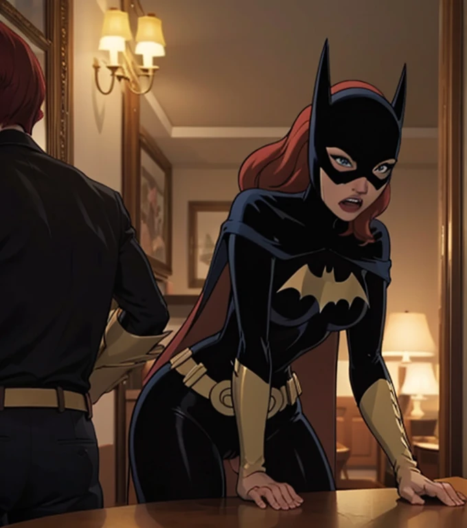 ((1 man and 1 girl)),a couple having sex, table sex, the man putting the girl on the table and having sex from behind, the girl bend over the table, the man grabbed her ankles, girl red hair , passionate sex, batman and batgirl 