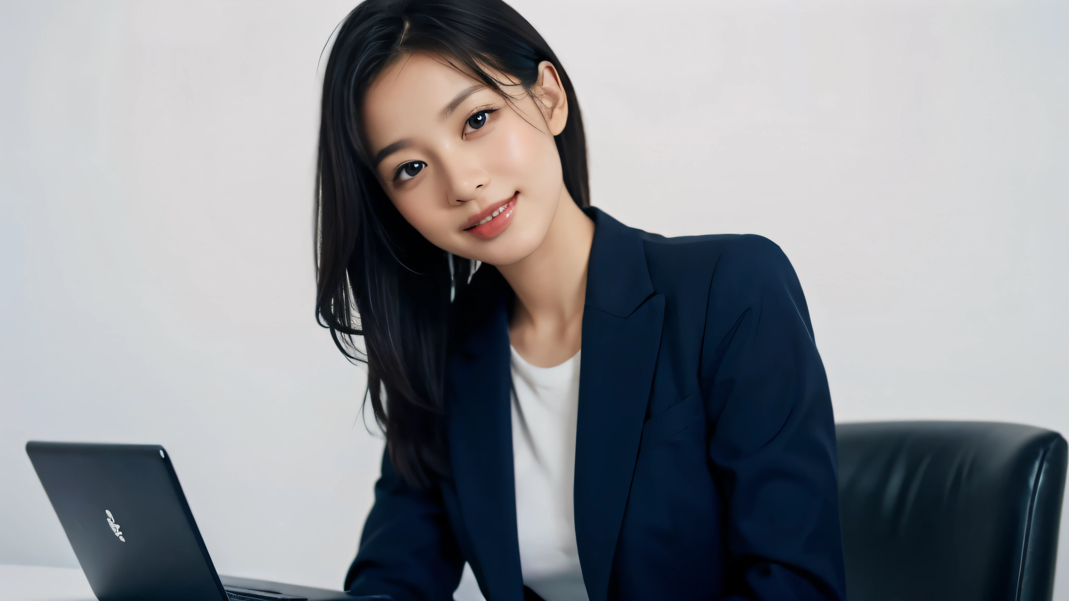 (Realistic: 1.4), (highest quality: 1.4), (Fine grain), Full body shot, ((White background)), ((Looking at a laptop)), ((One adult woman)), Black Hair, ((Navy blue suit)), Wide eyes, Blushed face, ((smile)), Highly detailed face and skin texture, Healthy Skin, 8k resolution