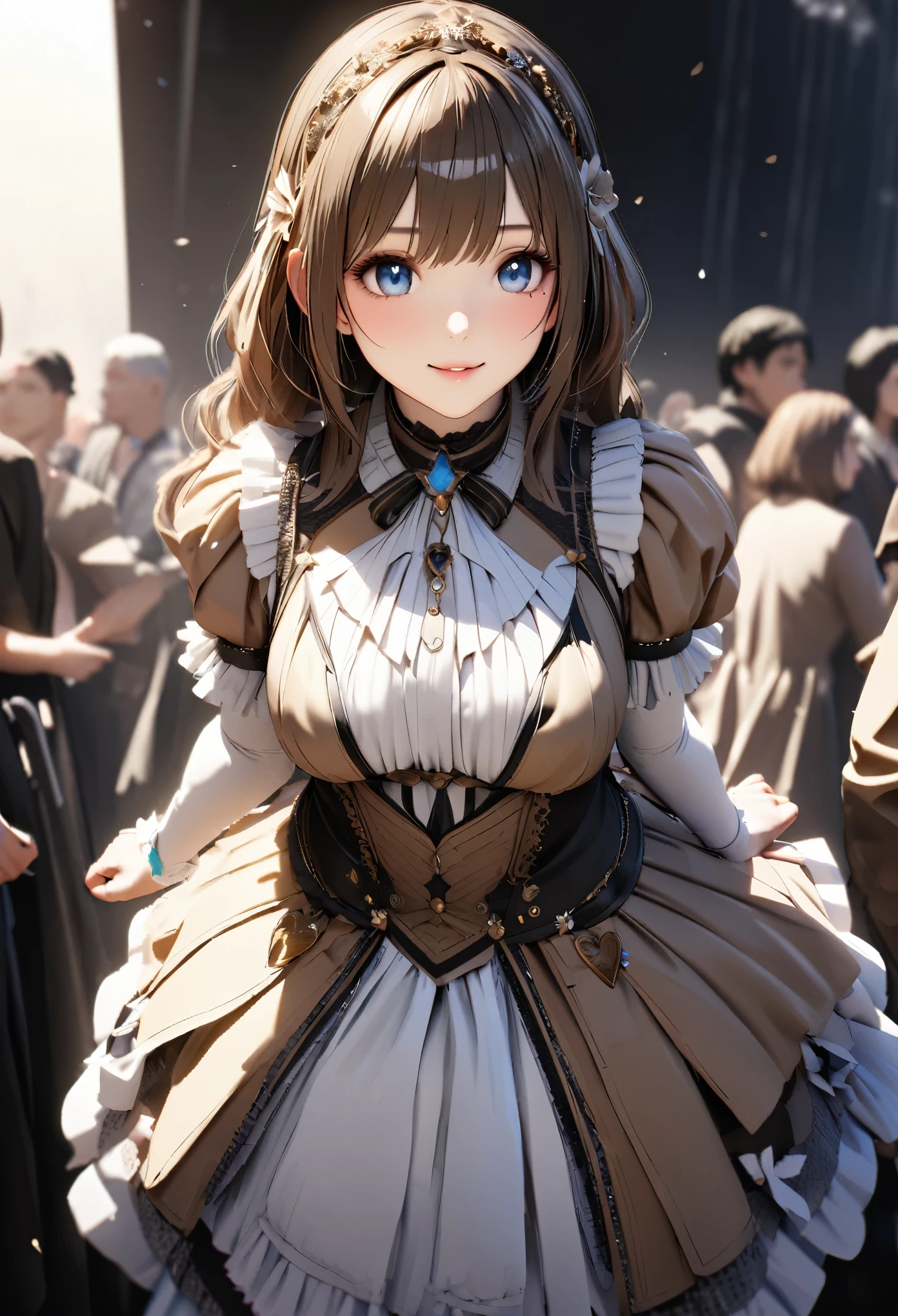 One Girl、Looking at the audience、
Beautiful Blue Eyes、Brown long hair、Mole under the eye、Plump and glossy lips、Heart-shaped choka、Idol、smile、ー、。.。.。.。.。.。.。.。.。.。.。.。.。.。.。.。.。.。.3D、Realistic、
Princess dress with too many frills、Draped clothing、gem、Decorations have been removed、Floral、Lace trim、bright stage、
masterpiece、highest quality、8k、Detailed skin texture、Detailed cloth texture、Beautifully detailed face、Intricate details、Ultra-detailed、
超A high resolution、8k UHD、Film Grain、Best Shadow、Delicate、Staring at the audience、front