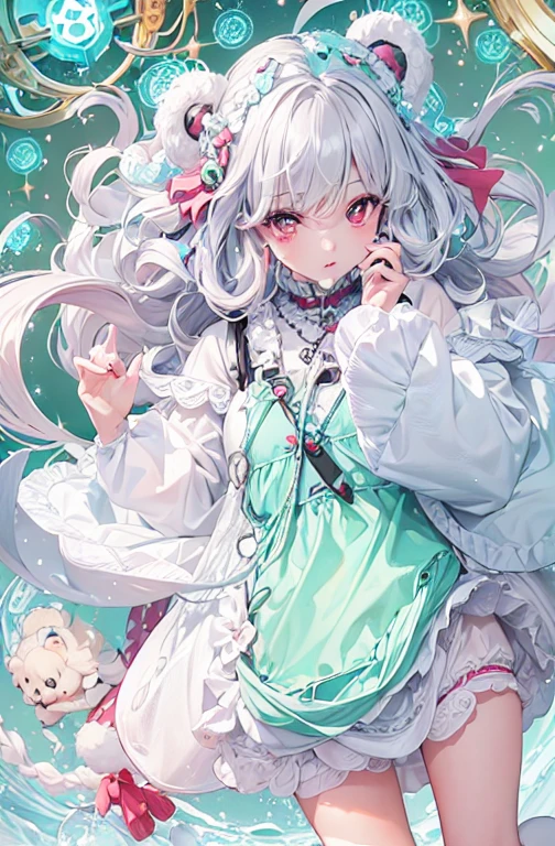 1girl, blackpink hair, light silver eyes almost white, modern and modest clothing, fashion outfit, ultra curly hair, bear with teal fur and red eyes, background is magnificent and ultra detailed, cute face, pretty, floating pose, cute legs, fullbody, sparkle, dreamy, dreams