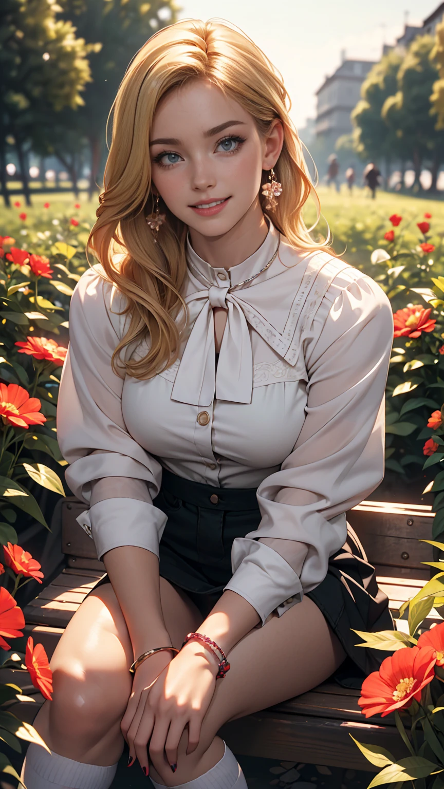 ((最high quality, 8K, masterpiece: 1.3, Ultra HD, high quality, 最high quality, High resolution, realism)) 、A 22-year-old extremely beautiful white woman、Hair color blonde、blue eyeedium Hair、Straight Hair、smile、Slender but well-proportioned body、Background blur((depth of field))、Aerial perspective((atmospheric perspective))、I want my head to stay off screen、Wearing accessories on the wrist、Put an anklet on your ankle、Wearing red nail polish、I have a peticure、Nemofera blooms all over the fields、Wear a sheer blouse、Wear a low-rise micro mini skirt、Wear black knee-high socks、Wear sneakers、smile