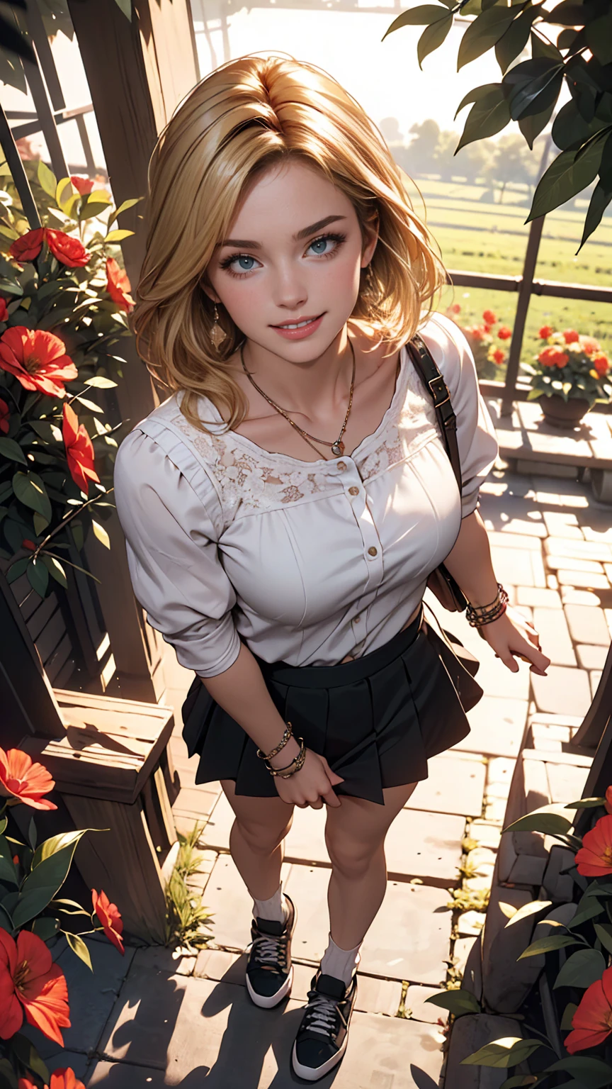 ((最high quality, 8K, masterpiece: 1.3, Ultra HD, high quality, 最high quality, High resolution, realism)) 、A 22-year-old extremely beautiful white woman、Hair color blonde、blue eyeedium Hair、Straight Hair、smile、Slender but well-proportioned body、Background blur((depth of field))、Aerial perspective((atmospheric perspective))、I want my head to stay off screen、Wearing accessories on the wrist、Put an anklet on your ankle、Wearing red nail polish、I have a peticure、Nemofera blooms all over the fields、Wear a sheer blouse、Wear a low-rise micro mini skirt、Wear black knee-high socks、Wear sneakers、smile
