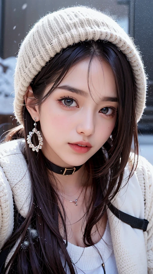 1girll， Heavy snowfall，snow landscape， natta， view over city， City lights， The upper part of the body， closeup cleavage， 8K， RAW photos， best qualtiy， tmasterpiece， realisticlying， photograph realistic，huge tit，Wear earrings，wearing a choker，short detailed hair，Clothes are tattered