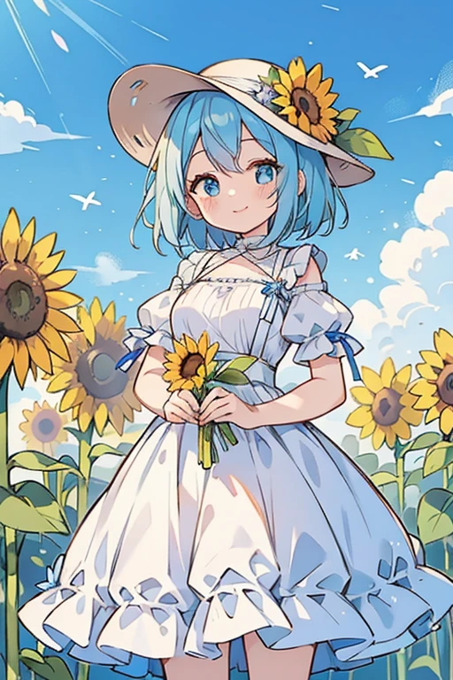 Animegirl, blue hair, short hair, blue eyes, smiling, countryside girl, looking at the viewers, she was in the sunflower fields, white dress, wearing a white hat