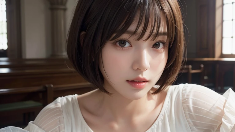 (Bob Cut Hair:1.2),(Wearing a blouse:1.2),1 girl,Japanese,28 years old,(Small breasts:1.3),(highest quality,masterpiece:1.3,超A high resolution,),(Ultra-detailed,Caustics),(Photorealistic:1.4,RAW shooting,)Ultra-Realistic Capture,Very detailed,High resolution 16K human skin close-up。 Natural skin texture、,Pores、、It needs to be detailed enough to be easily identifiable。 Skin should be even-toned and healthy looking。 Use natural light and colour, Sad expression, Looking at the camera, Perfect dynamic composition, Inside the church