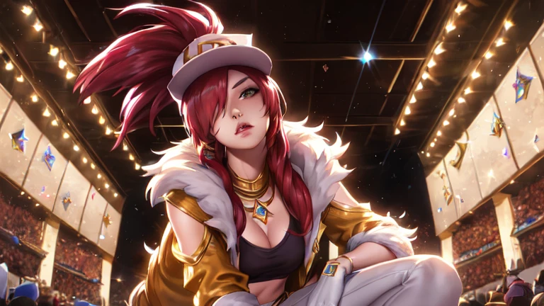 Akali kda prestige, 1girl, solo, long hair, breasts, looking at viewer, jewelry, medium breasts, red hair, necklace, hair over one eye, lips, makeup, white headwear, upper body, epic light, crop top, fur trim, jacket, concert hall, crouching, white gloves, white pants, tight pants, k/da (league of legends)