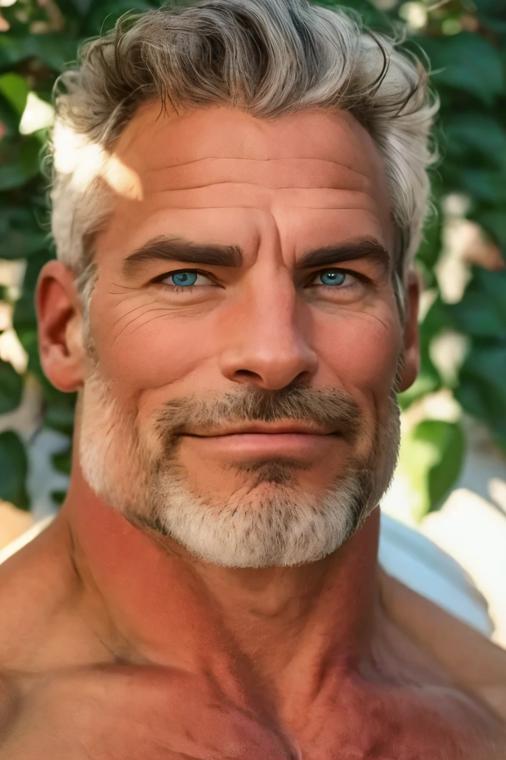 (handsome mature man), (50 yo), white man, wearing latex panties, bulge, (beefy:1.3), beard, looking at viewer, beautiful man, detailed eyes, symmetric face, smirk, robust, greying hair