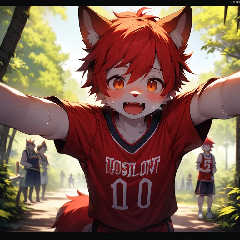 youth,Shota,Red hair ,male, stand up, masterpiece, high resolution,8k,Detailed background,high quality, boys,Looking at the audience,view,Front view,Short Story Focus,Wolf'Facial features,Basketball costumes,Sweating,Express enjoyment,Forest background,Open your mouth