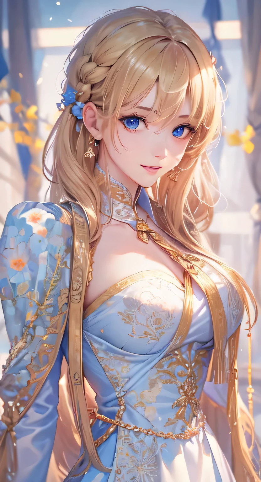 ((highest quality)), ((masterpiece)), (Get used to it), Perfect Face , masterpiece、highest quality、High resolution、High-quality images、8k, 1 female、Skin Radiance、Texture of skin and clothing、Expression of fine eyes、Shiny bright golden hair,Girl with long braided hair, Manga inspired by Lee Jong-suk, Trending on deviantart, realism, detailed manga style, Manga art style, Perfect Line Drawing, Beautiful line art, digital manga art girl, K-POPアイドル, Beautiful Blue Eyes, Lips become thicker, Gorgeous face with attention to detail, (Cute Smile), charm, Innocent, Side view, (Perfectly detailed face), (Beautiful Hands) Photorealistic images, Written boundary depth, 20th Generation ,beautiful girl , apple , Lace dress , Medium Chest , protruding shoulders , I can see her cleavage , apple , There are many apples in the background ,