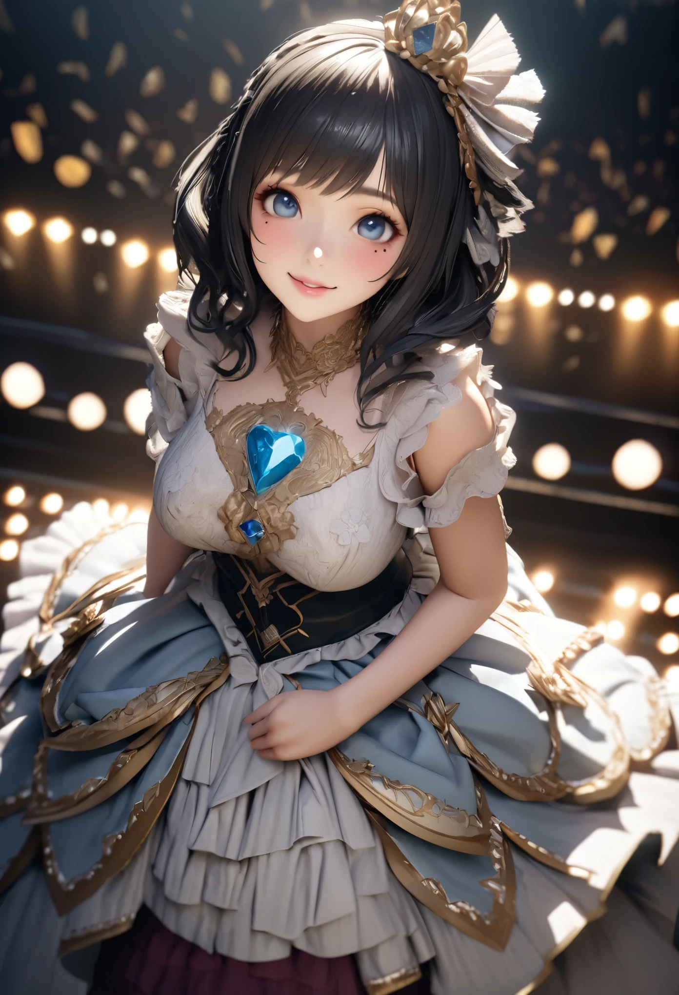 One Girl、Looking at the audience、
Beautiful Blue Eyes、Long black hair、Mole under the eye、Plump and glossy lips、Heart-shaped choca、Idol、smile、ー、。.。.。.。.。.。.。.。.。.。.。.。.。.。.。.。.。.。.3D、Realistic、
Princess dress with too many frills、Drape clothes、gem、The decoration has been removed、Floral、Lace trim、bright stage、
masterpiece、highest quality、8k、Detailed skin texture、Detailed cloth texture、Beautifully detailed face、Intricate details、Very detailed、
超A high resolution、8K Ultra HD、Film Grain、Best Shadow、delicate、Gazing at the audience、front