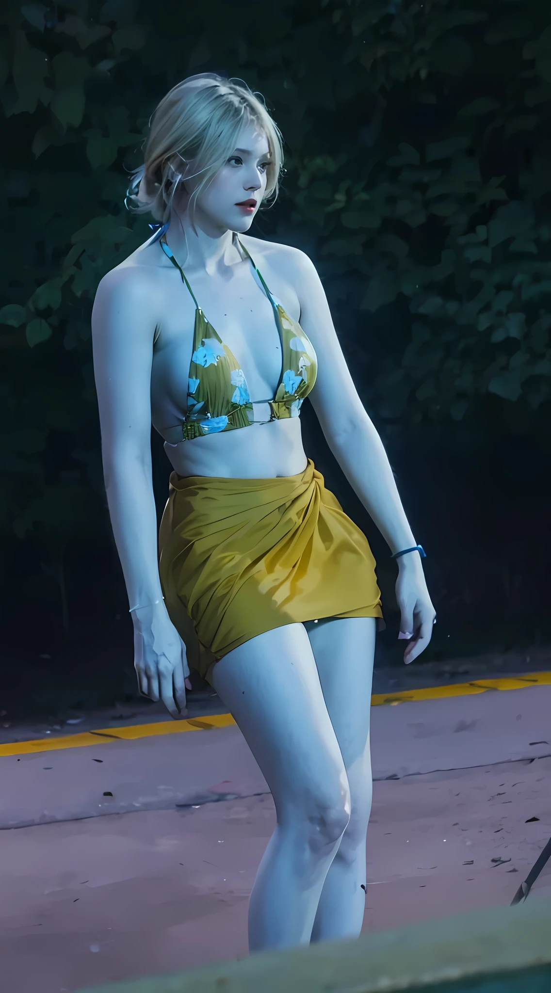 there is a woman in a bikini and a skateboard on the street, realistic bikini, wearing two - piece swimsuit, leeloo outfit, 8 k sensual lighting, attire: bikini, glamorous jill valentine, realistically rendered clothing, with yellow cloths, photorealistic details content, unreal engine render + a goddess, in clothes! highly detailed, cinematic outfit photo